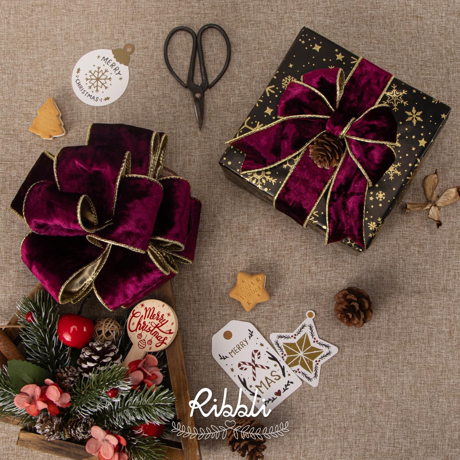 Ribbli Black Velvet Wired Ribbon 2.5 Inch Metallic Black Gold Crushed Velvet Christmas Ribbon for Gift Wrapping Christmas Tree Decoration Crafts Wreaths Supplies-Continuous 10 Yards(Burgundy)