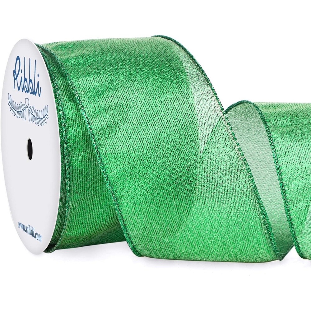 Ribbli Metallic Emerlad Green Wired Ribbon,2-1/2 Inch x Continuous 10 Yard, Deluxe Green Glitter,Christmas Ribbon for Crafts,Wreaths,Big Bow,Gift Wrapping, Christmas Tree Decoration(Emerald Green)
