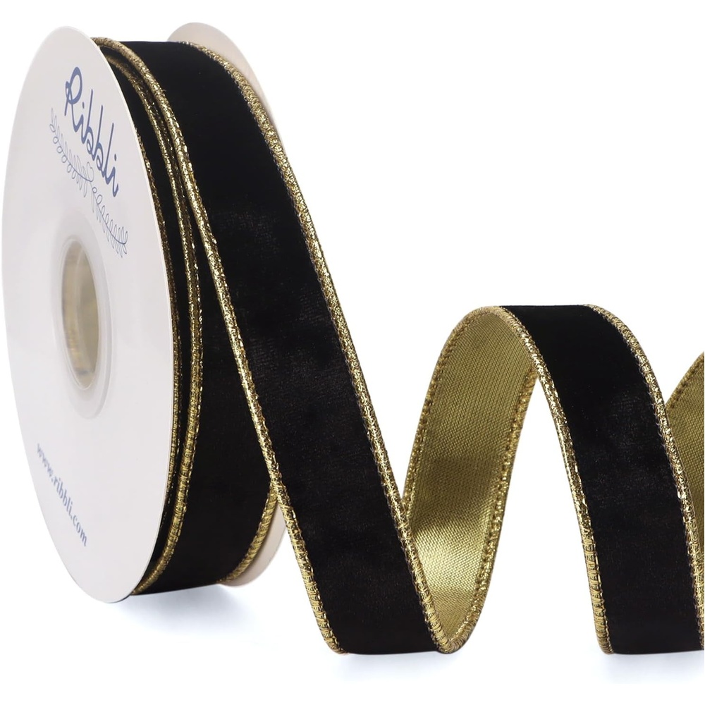Ribbli Black Velvet Wired Ribbon 2.5 Inch Metallic Black Gold Crushed Velvet Christmas Ribbon for Gift Wrapping Christmas Tree Decoration Crafts Wreaths Supplies-Continuous 10 Yards(Black)