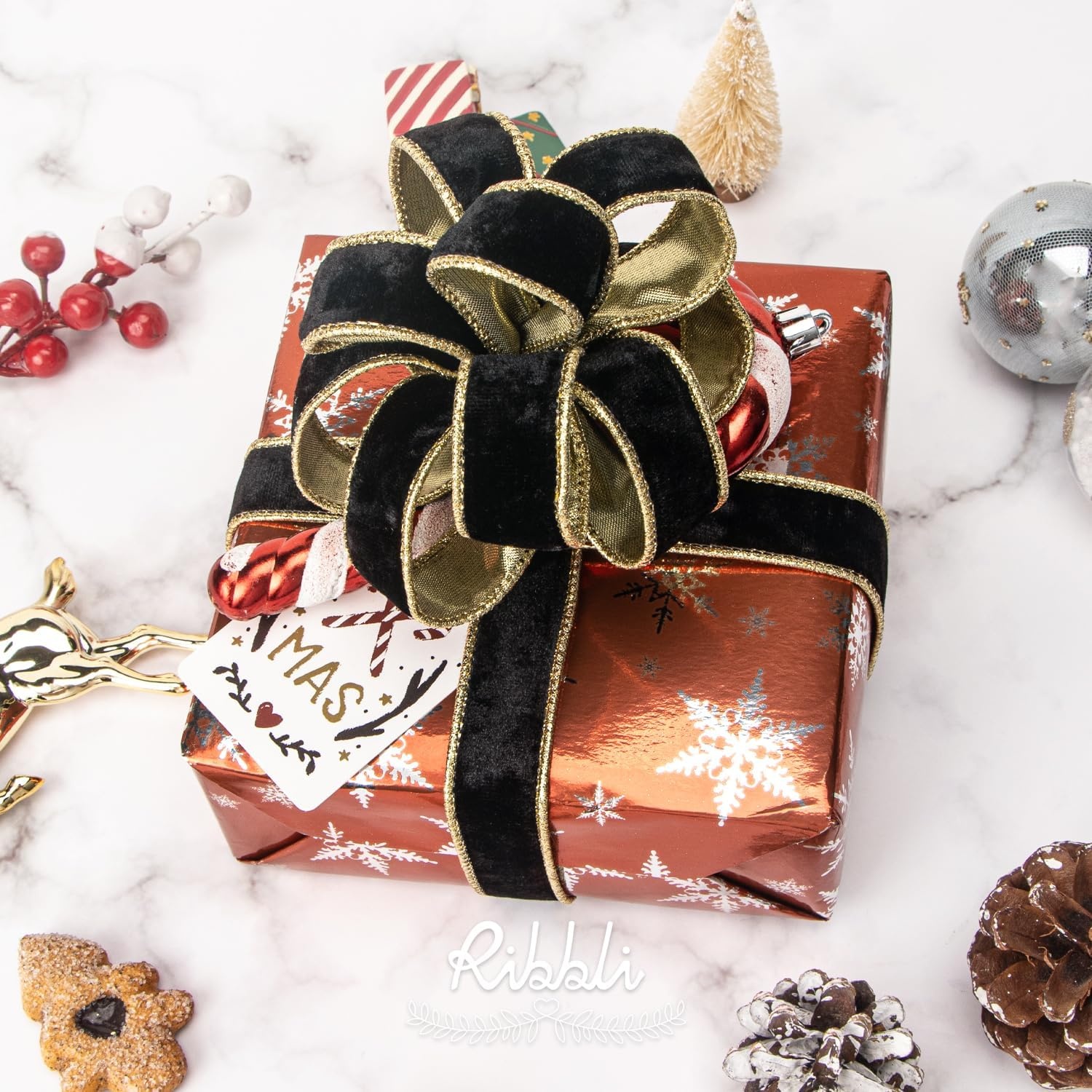 Ribbli Black Velvet Wired Ribbon 2.5 Inch Metallic Black Gold Crushed Velvet Christmas Ribbon for Gift Wrapping Christmas Tree Decoration Crafts Wreaths Supplies-Continuous 10 Yards(Black)