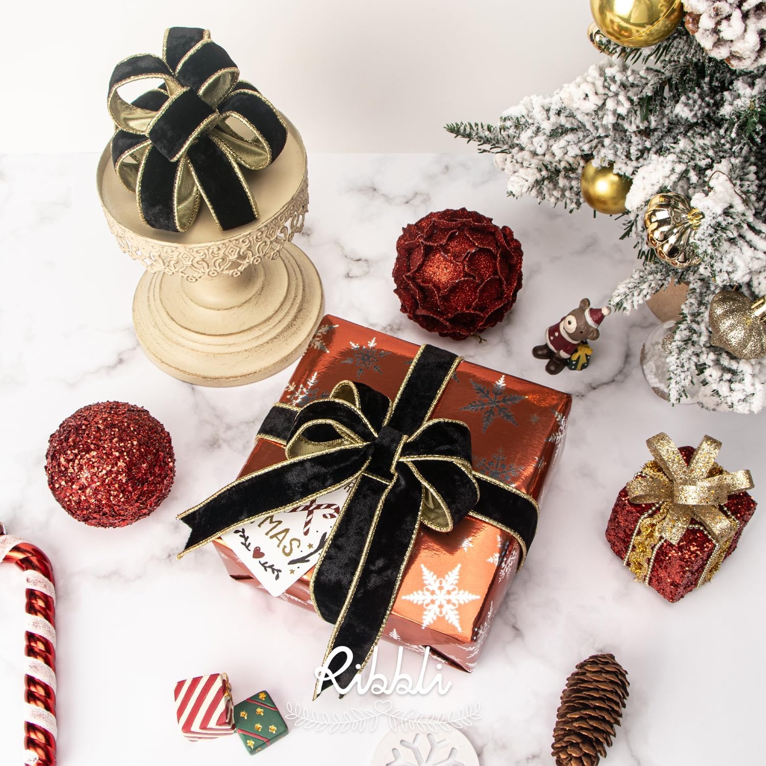 Ribbli Black Velvet Wired Ribbon 2.5 Inch Metallic Black Gold Crushed Velvet Christmas Ribbon for Gift Wrapping Christmas Tree Decoration Crafts Wreaths Supplies-Continuous 10 Yards(Black)
