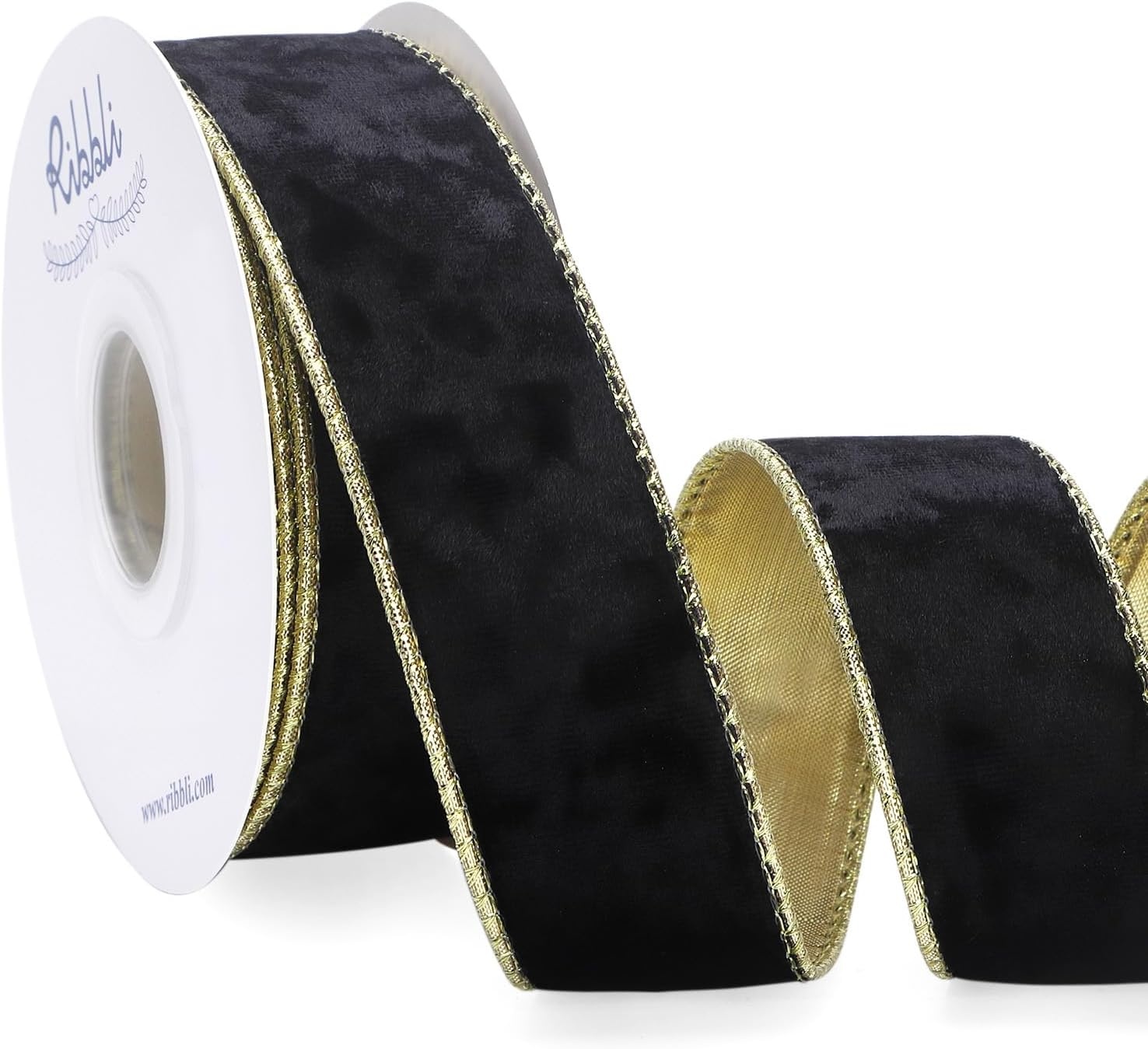 Ribbli Black Velvet Wired Ribbon 2.5 Inch Metallic Black Gold Crushed Velvet Christmas Ribbon for Gift Wrapping Christmas Tree Decoration Crafts Wreaths Supplies-Continuous 10 Yards(Black)