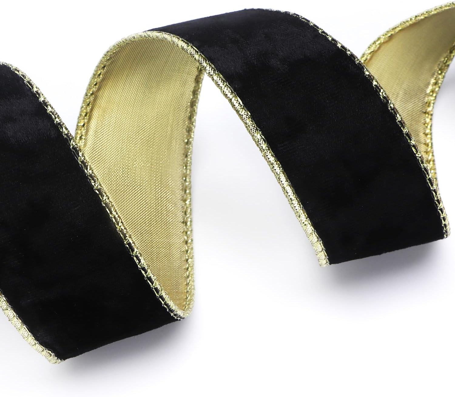 Ribbli Black Velvet Wired Ribbon 2.5 Inch Metallic Black Gold Crushed Velvet Christmas Ribbon for Gift Wrapping Christmas Tree Decoration Crafts Wreaths Supplies-Continuous 10 Yards(Black)