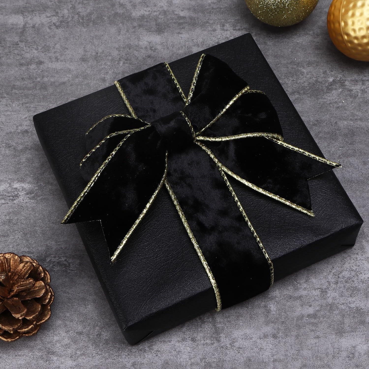 Ribbli Black Velvet Wired Ribbon 2.5 Inch Metallic Black Gold Crushed Velvet Christmas Ribbon for Gift Wrapping Christmas Tree Decoration Crafts Wreaths Supplies-Continuous 10 Yards(Black)