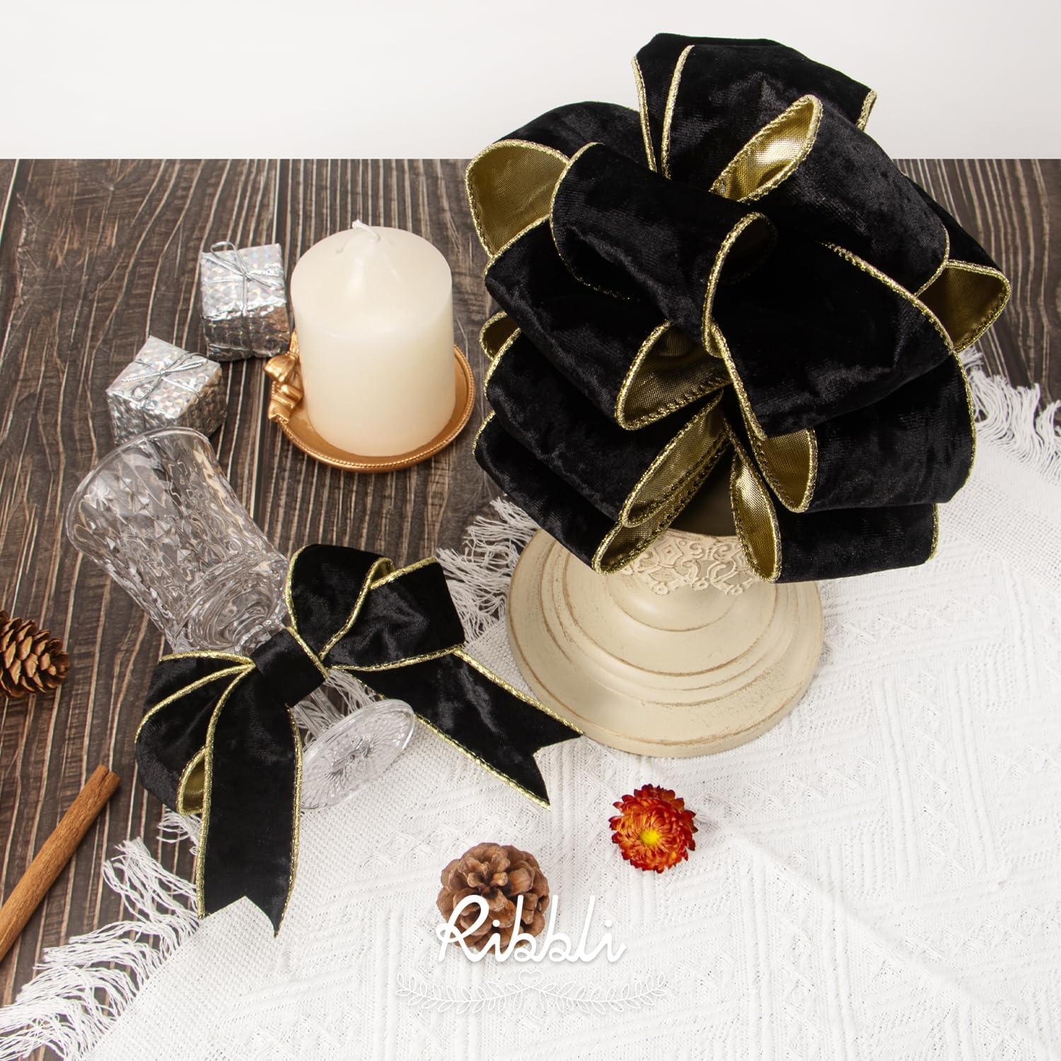 Ribbli Black Velvet Wired Ribbon 2.5 Inch Metallic Black Gold Crushed Velvet Christmas Ribbon for Gift Wrapping Christmas Tree Decoration Crafts Wreaths Supplies-Continuous 10 Yards(Black)