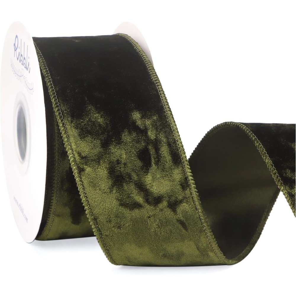 Ribbli Royal Blue Velvet Wired Ribbon 4 Inch Crushed Velvet Christmas Ribbon for Gift Wrapping Christmas Tree Decoration Crafts Wreaths Supplies-Continuous 10 Yards(Olive Green)