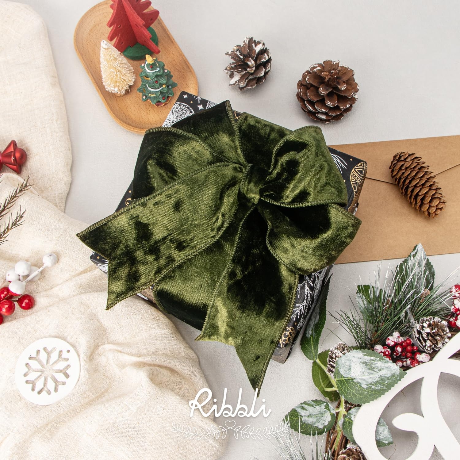 Ribbli Royal Blue Velvet Wired Ribbon 4 Inch Crushed Velvet Christmas Ribbon for Gift Wrapping Christmas Tree Decoration Crafts Wreaths Supplies-Continuous 10 Yards(Olive Green)