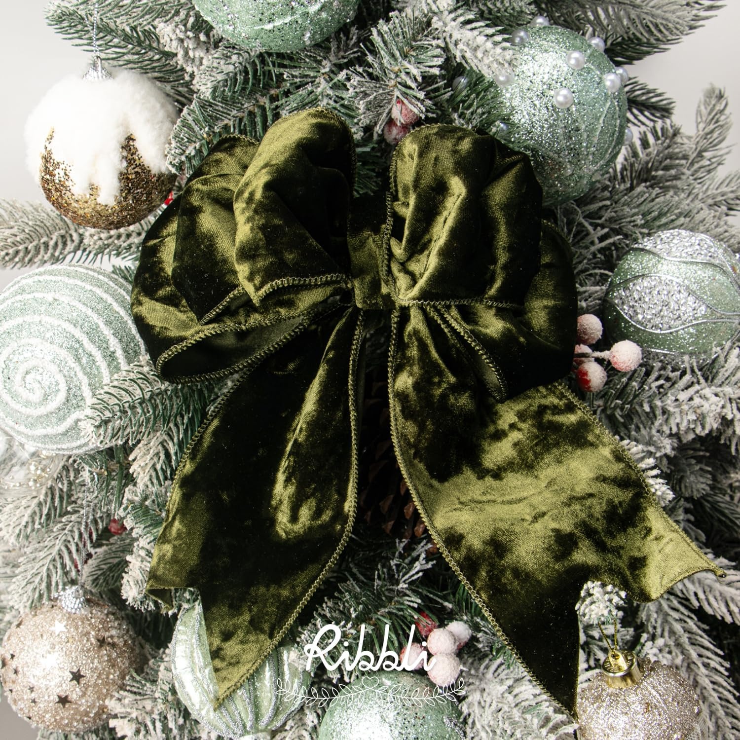 Ribbli Royal Blue Velvet Wired Ribbon 4 Inch Crushed Velvet Christmas Ribbon for Gift Wrapping Christmas Tree Decoration Crafts Wreaths Supplies-Continuous 10 Yards(Olive Green)