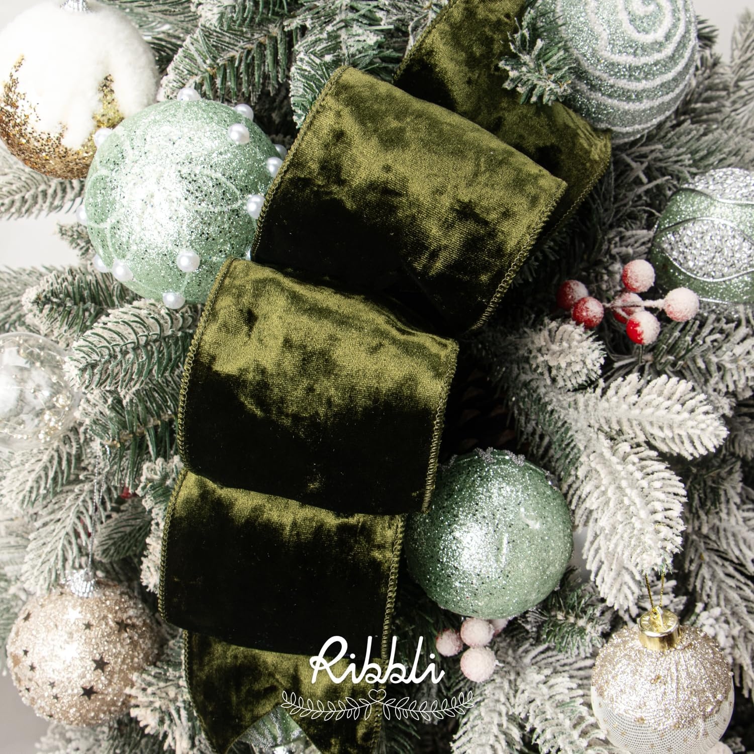 Ribbli Royal Blue Velvet Wired Ribbon 4 Inch Crushed Velvet Christmas Ribbon for Gift Wrapping Christmas Tree Decoration Crafts Wreaths Supplies-Continuous 10 Yards(Olive Green)