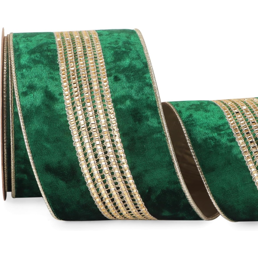 Ribbli Burgundy Velvet Wired Ribbon with Luxurious Glittering Stripe 4 Inch Christmas Ribbon for Tree Gift Wrapping Wreaths Garland Topper Bows Crafts Home Decor -10 Yards(Forest Green)