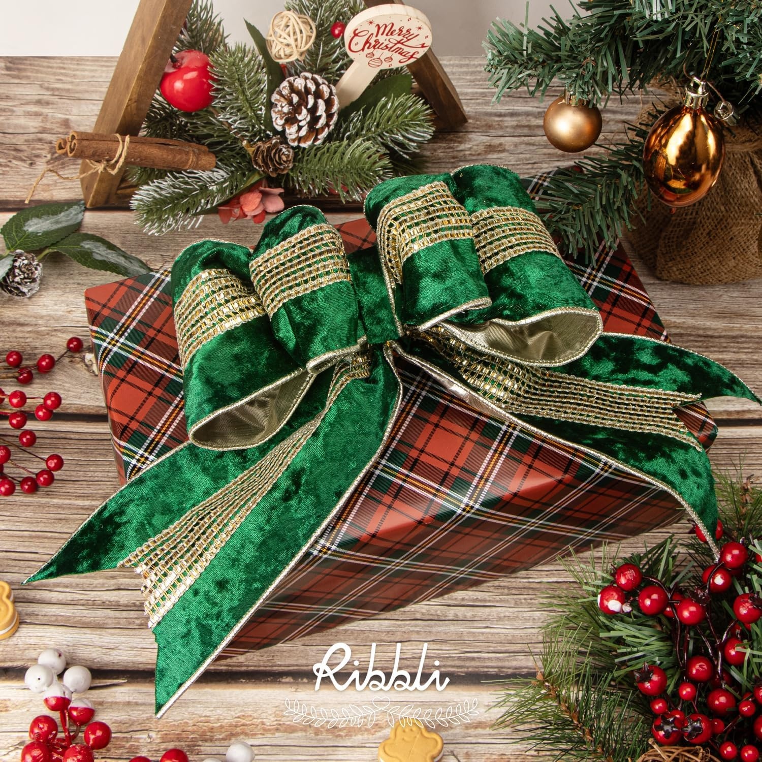 Ribbli Burgundy Velvet Wired Ribbon with Luxurious Glittering Stripe 4 Inch Christmas Ribbon for Tree Gift Wrapping Wreaths Garland Topper Bows Crafts Home Decor -10 Yards(Forest Green)