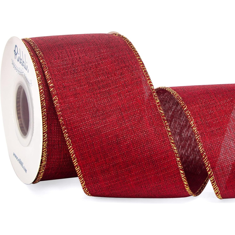 Ribbli Metallic Beige Linen Wired Ribbon,2-1/2 Inch x Continuous 10 Yard, Natural Burlap Ribbon with Gold Edge,Christmas Ribbon for Wreaths,Big Bow,Gift Wrapping, Christmas Tree Decoration(Dark Red/Gold)