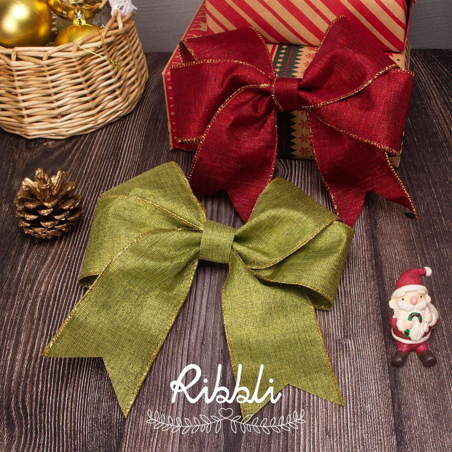 Ribbli Metallic Beige Linen Wired Ribbon,2-1/2 Inch x Continuous 10 Yard, Natural Burlap Ribbon with Gold Edge,Christmas Ribbon for Wreaths,Big Bow,Gift Wrapping, Christmas Tree Decoration(Dark Red/Gold)