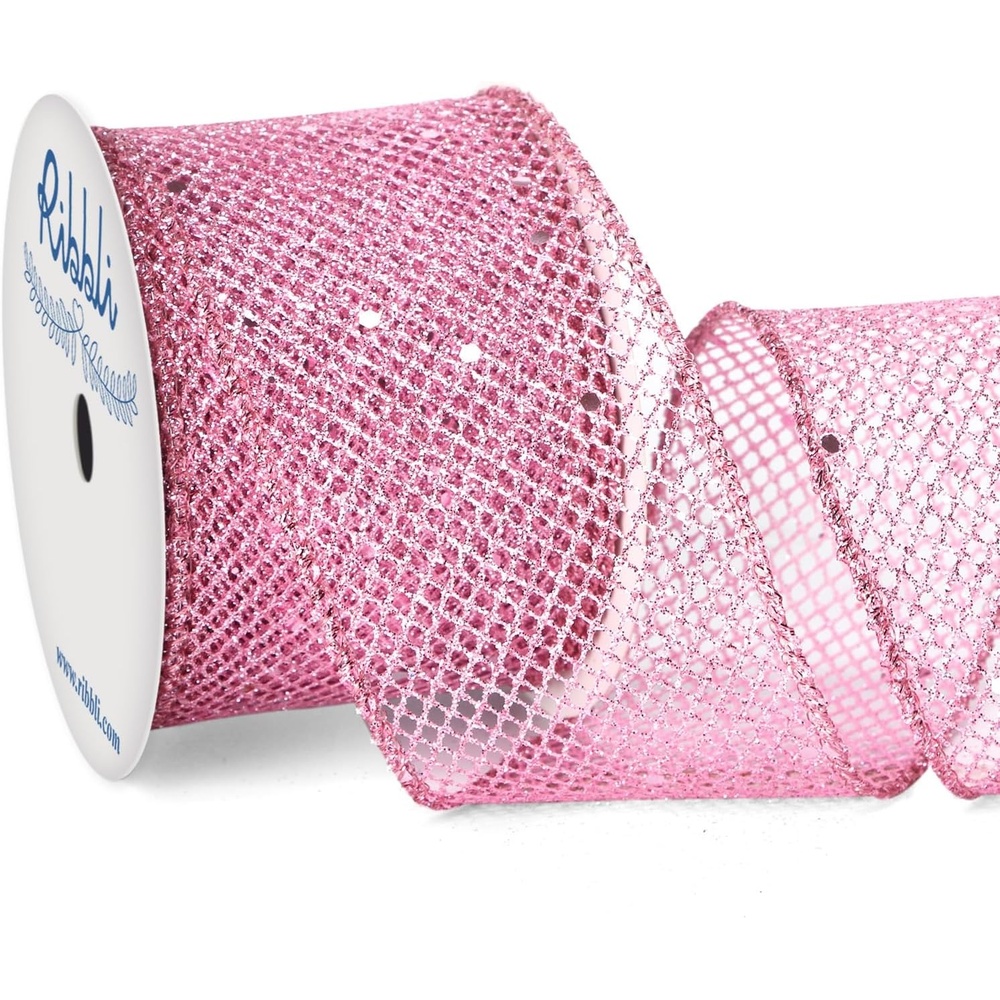 Ribbli Pink Glitter Wired Ribbon for Christmas Tree – Diamond Mesh Sparkling Ribbon, 2.5 Inch x 10 Yard, Perfect for Gift Wrapping, Crafts & Wreath Supplies(Pink)
