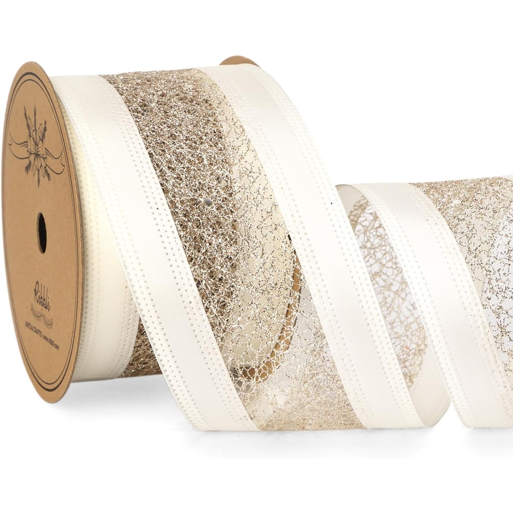 Ribbli Ivoy Wired Ribbon Ivory Satin with Champagne Gold Glitter Mesh 2.5 Inch Christmas Ribbon for Tree Gift Wrapping Wreaths Garland Topper Bows Crafts Home Decor -10 Yards(Ivory/Champagne)