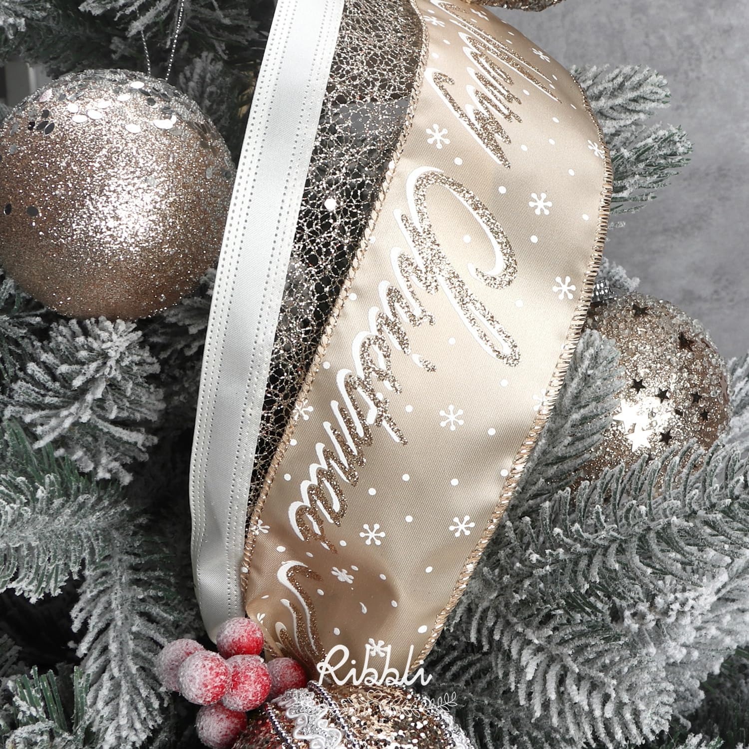 Ribbli Ivoy Wired Ribbon Ivory Satin with Champagne Gold Glitter Mesh 2.5 Inch Christmas Ribbon for Tree Gift Wrapping Wreaths Garland Topper Bows Crafts Home Decor -10 Yards(Ivory/Champagne)