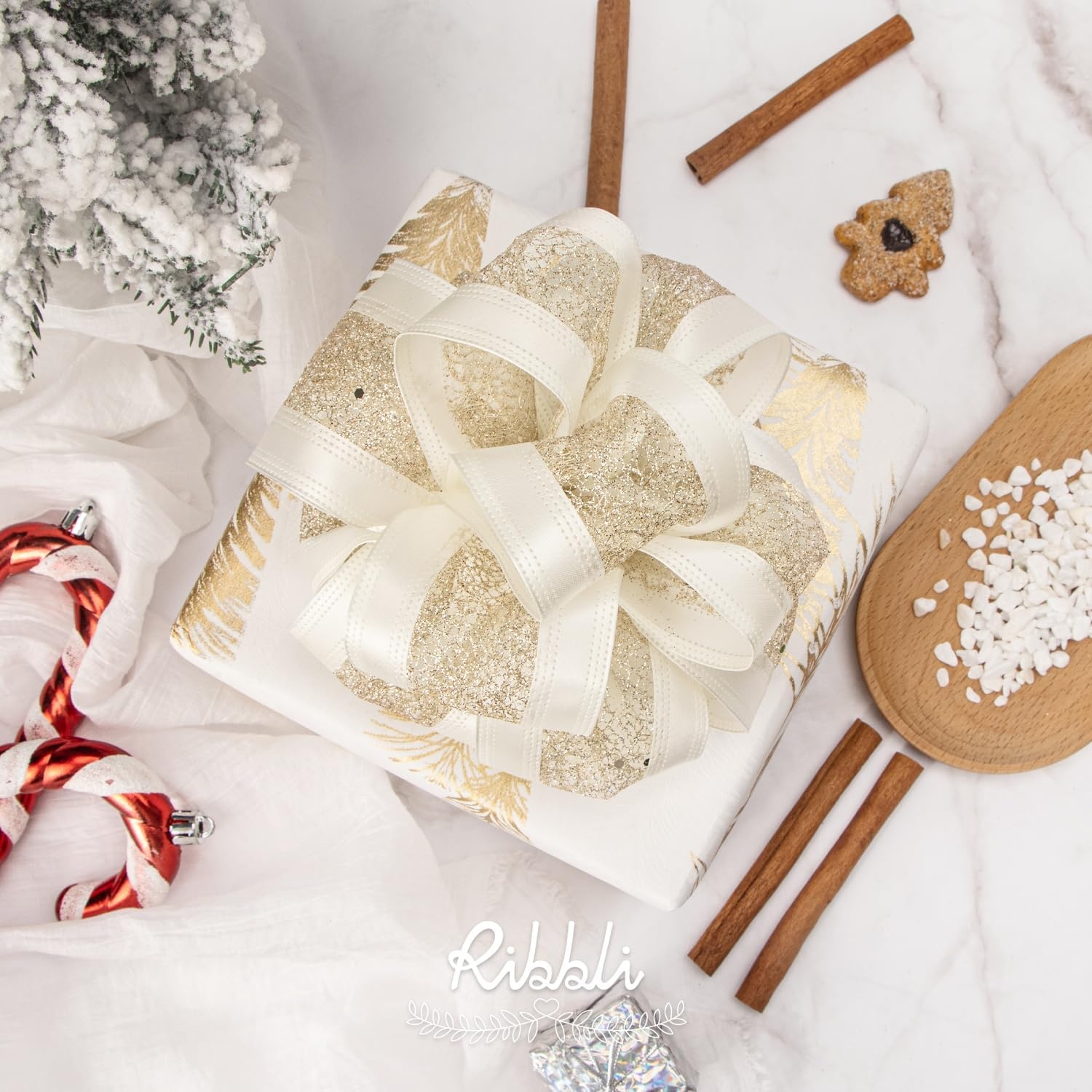 Ribbli Ivoy Wired Ribbon Ivory Satin with Champagne Gold Glitter Mesh 2.5 Inch Christmas Ribbon for Tree Gift Wrapping Wreaths Garland Topper Bows Crafts Home Decor -10 Yards(Ivory/Champagne)