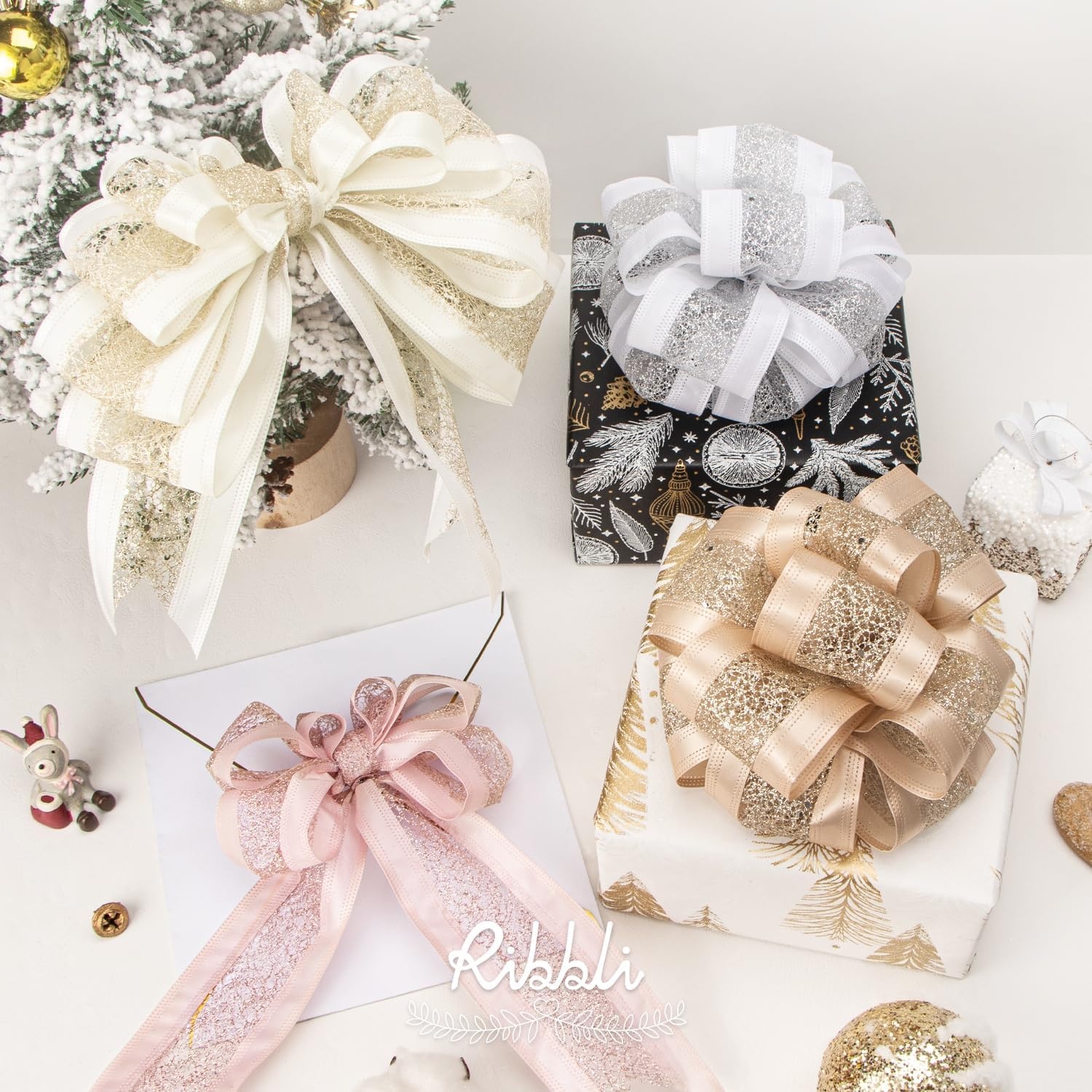 Ribbli Ivoy Wired Ribbon Ivory Satin with Champagne Gold Glitter Mesh 2.5 Inch Christmas Ribbon for Tree Gift Wrapping Wreaths Garland Topper Bows Crafts Home Decor -10 Yards(Ivory/Champagne)