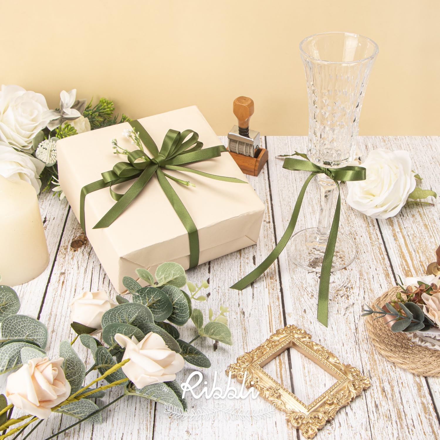 Ribbli Champagne Gold Satin Ribbon Double Faced Satin 3/8 Inch x Continuous 50 Yards-Champagne Ribbon for Gift Wrapping Crafts Wedding Decoration Bows Bouquet Floral Arrangement(Green Moss)