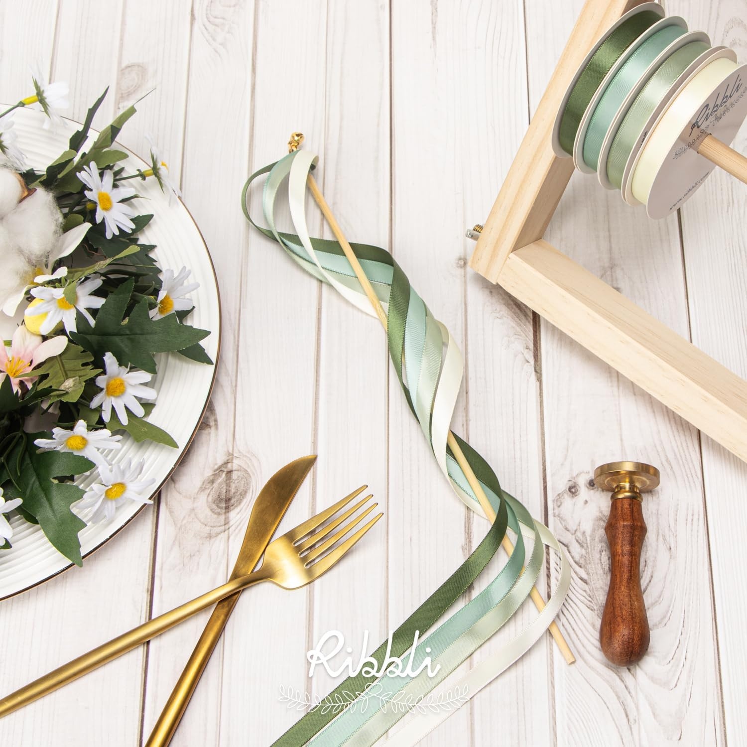 Ribbli Champagne Gold Satin Ribbon Double Faced Satin 3/8 Inch x Continuous 50 Yards-Champagne Ribbon for Gift Wrapping Crafts Wedding Decoration Bows Bouquet Floral Arrangement(Green Moss)