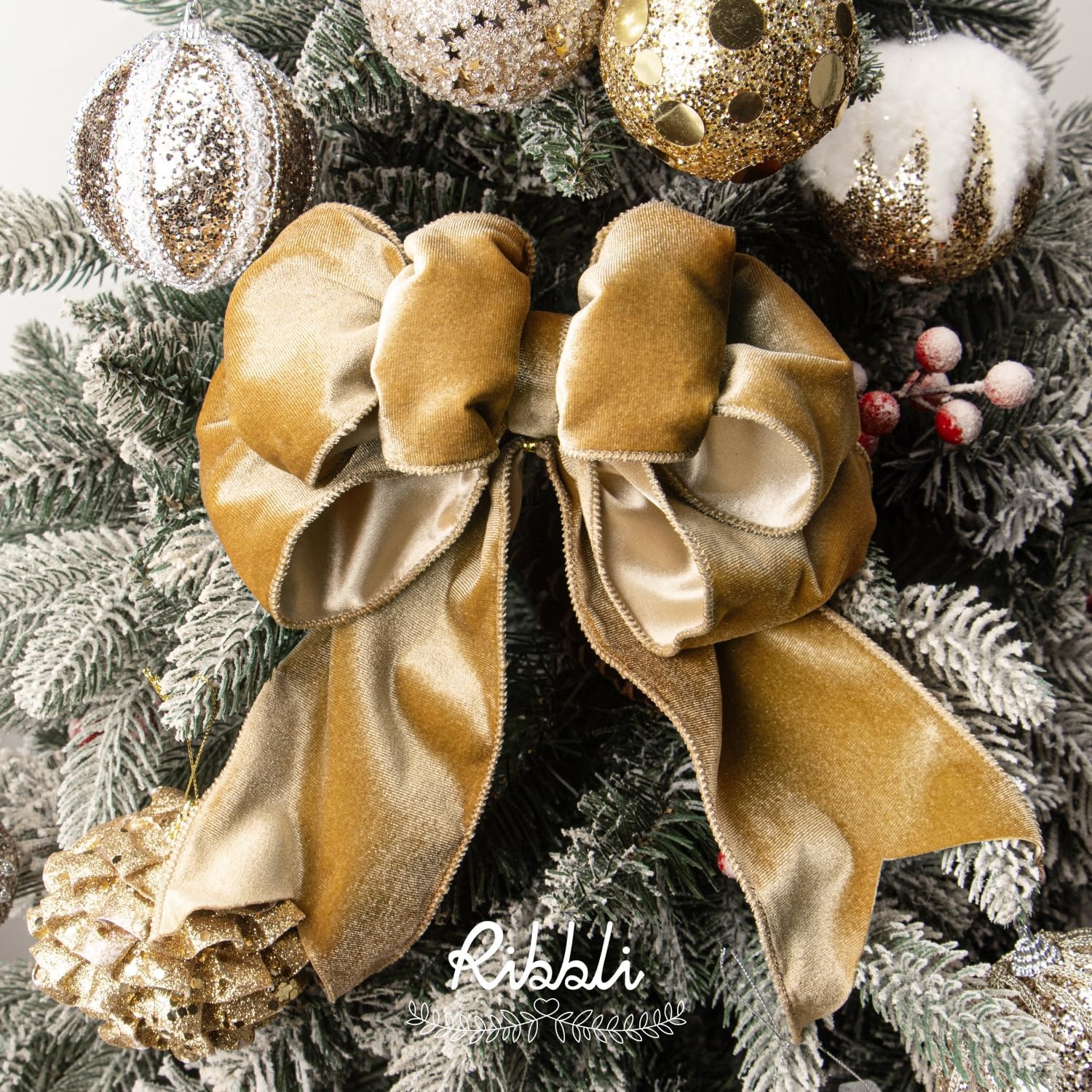 Ribbli Dusty Green Velvet Wired Ribbon 4 Inch Sage Velvet with Satin Christmas Ribbon for Gift Wrapping Christmas Tree Decoration Crafts Wreaths Supplies-Continuous 10 Yards(Champagne)