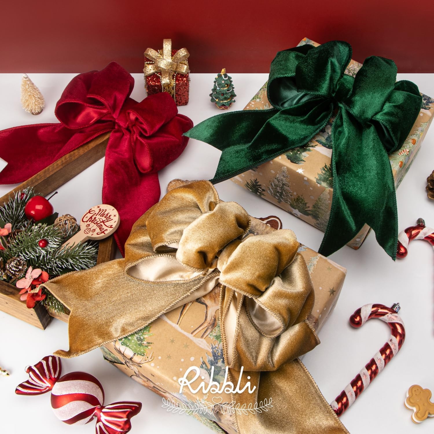 Ribbli Dusty Green Velvet Wired Ribbon 4 Inch Sage Velvet with Satin Christmas Ribbon for Gift Wrapping Christmas Tree Decoration Crafts Wreaths Supplies-Continuous 10 Yards(Champagne)