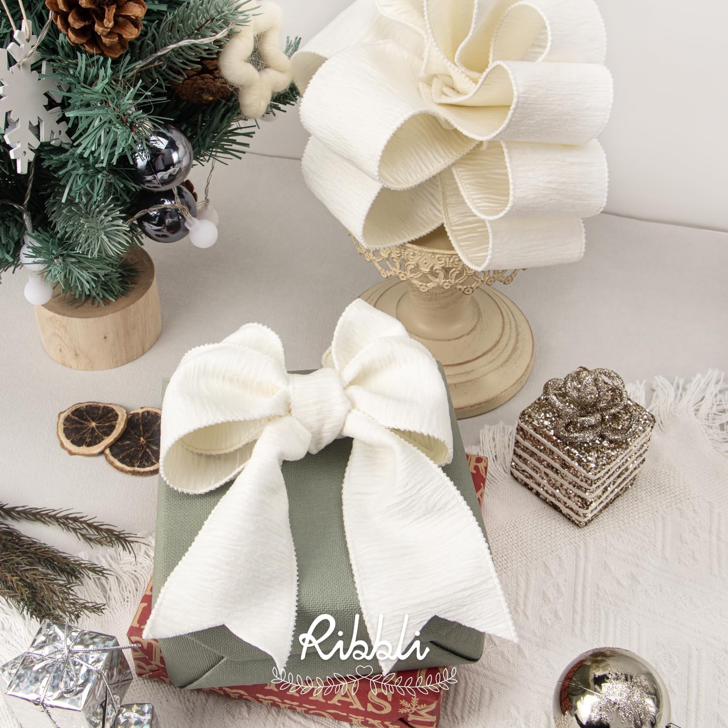Ribbli Camel Crinkled Velvet Wired Ribbon 2.5 Inch Velvet Christmas Ribbon for Gift Wrapping Christmas Tree Decoration Crafts Wreaths Supplies-Continuous 10 Yards(White)