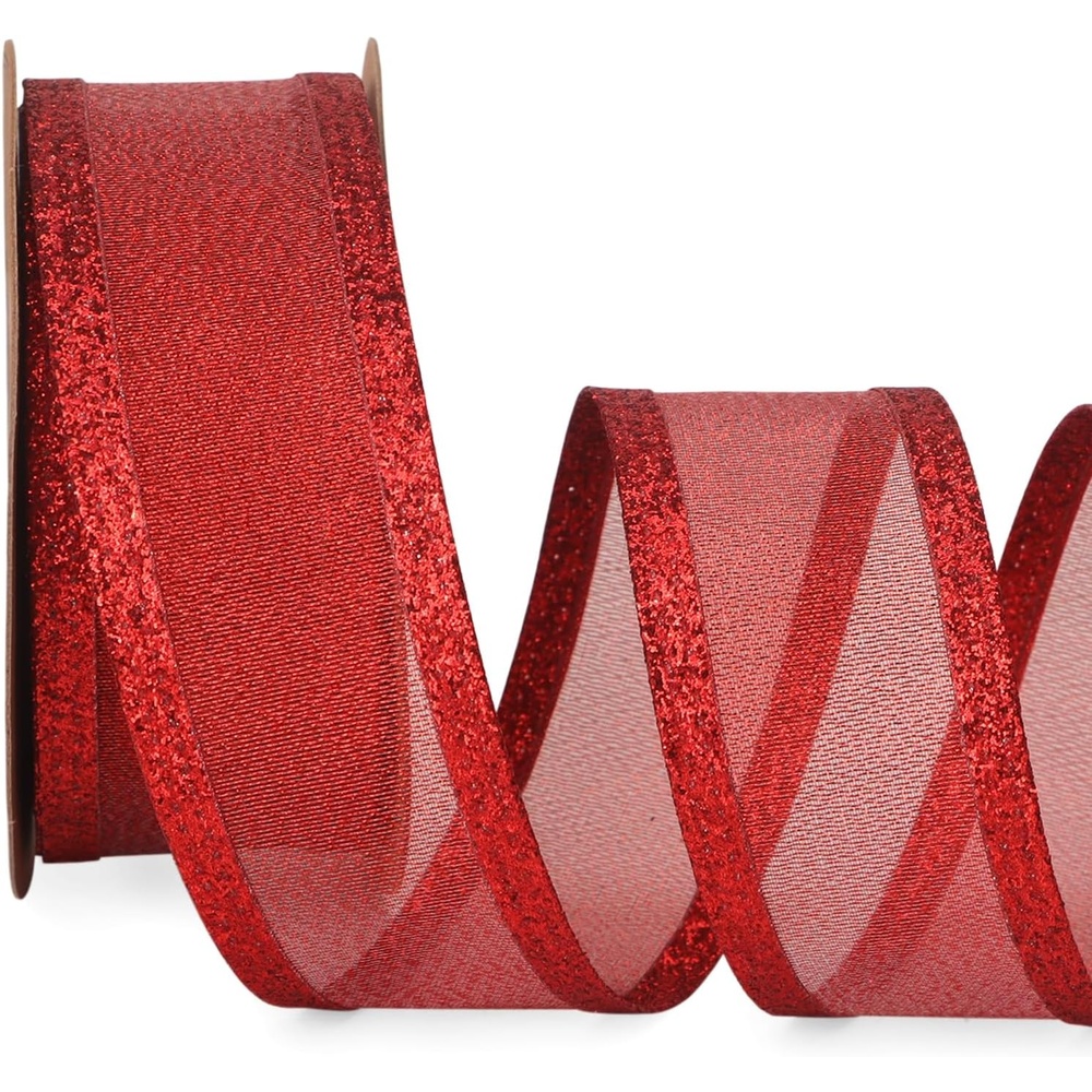 Ribbli Pink Christmas Wired Ribbon, Metallic Wired Ribbon with Glitter Edge 1-1/2 Inch x 10 Yard for Christmas Tree Decoration, Gift Wrapping, Wreaths Supplies, Swag, Holiday Decor(Red)