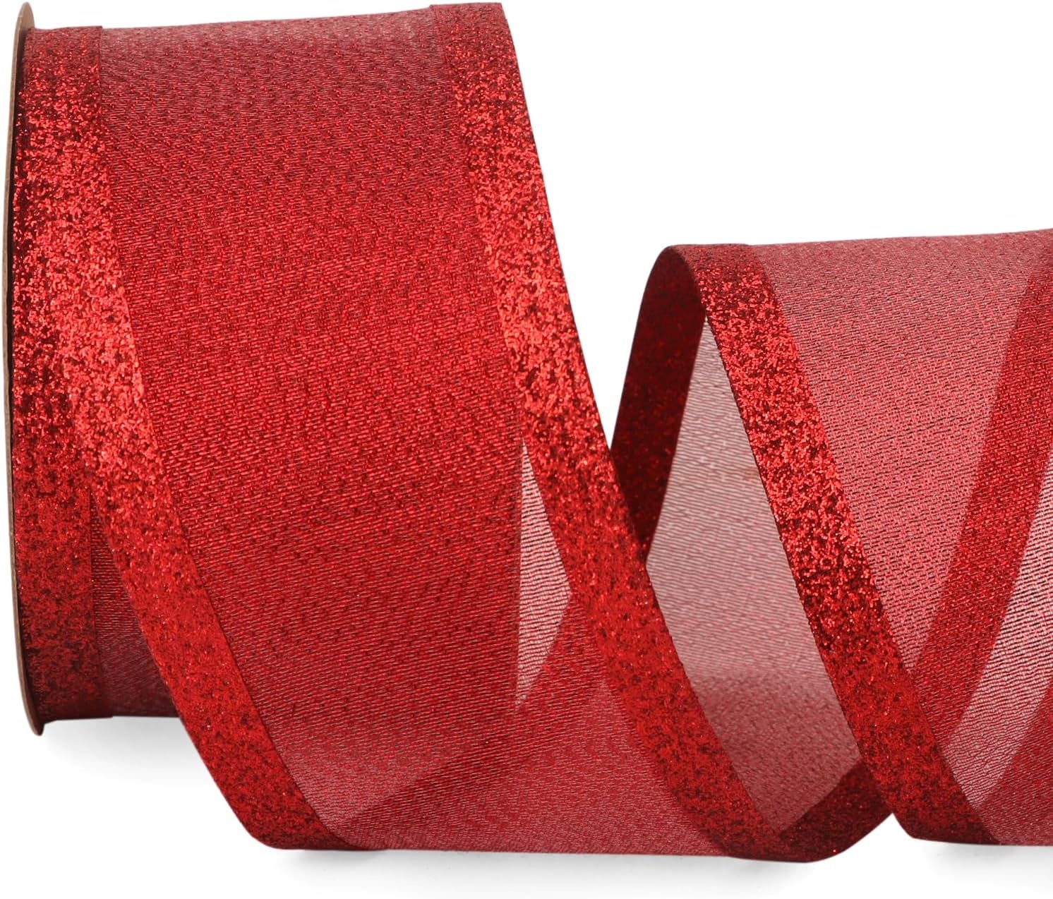 Ribbli Pink Christmas Wired Ribbon, Metallic Wired Ribbon with Glitter Edge 1-1/2 Inch x 10 Yard for Christmas Tree Decoration, Gift Wrapping, Wreaths Supplies, Swag, Holiday Decor(Red)