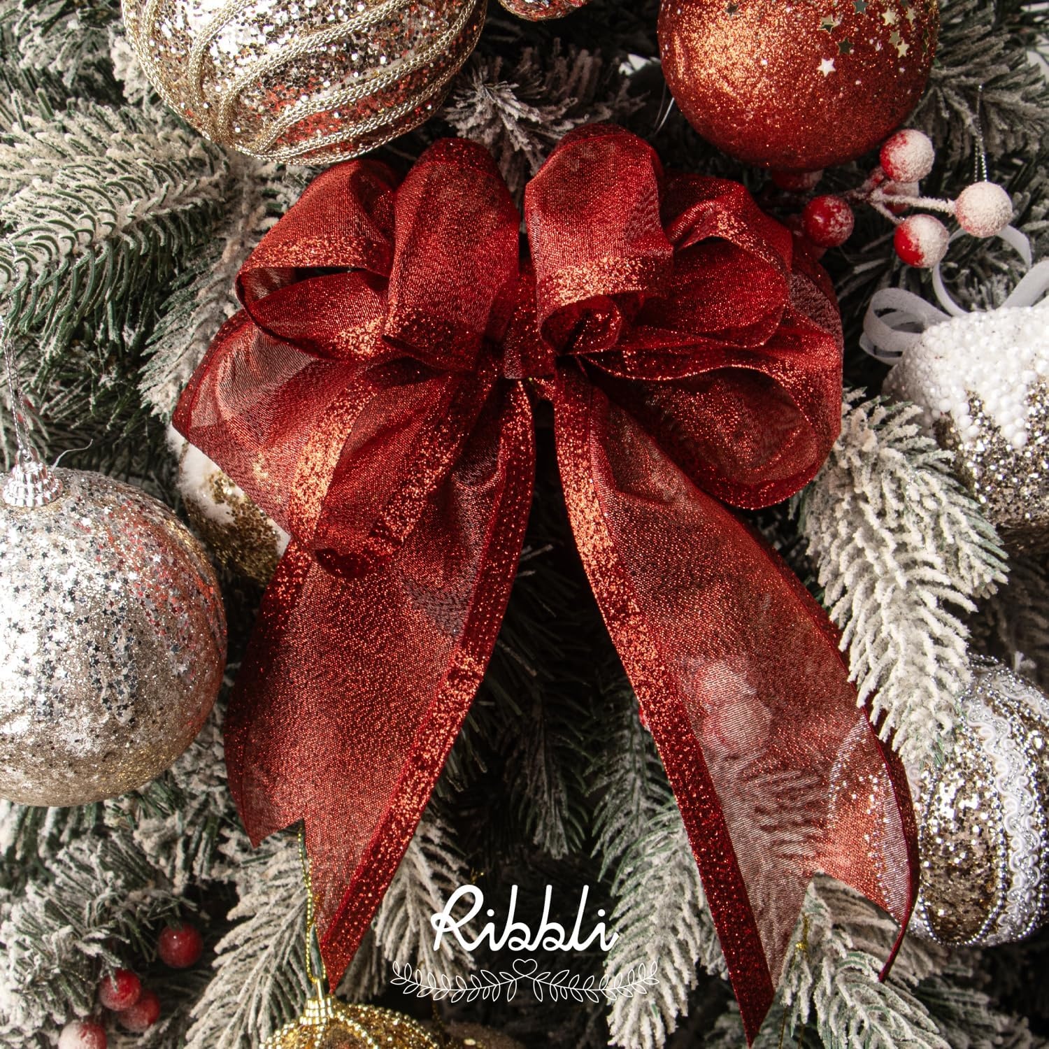 Ribbli Pink Christmas Wired Ribbon, Metallic Wired Ribbon with Glitter Edge 1-1/2 Inch x 10 Yard for Christmas Tree Decoration, Gift Wrapping, Wreaths Supplies, Swag, Holiday Decor(Red)
