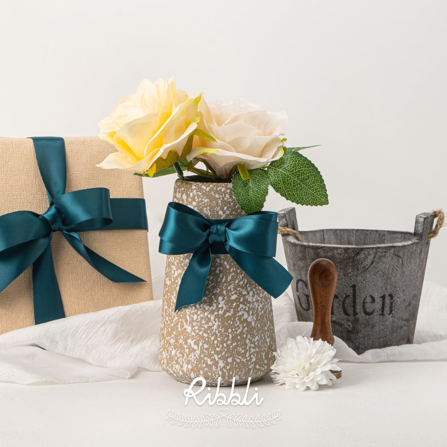 Ribbli Double Faced Rose Gold Satin Ribbon,3/8 x Continuous 25 Yards,Use for Bows Bouquet,Gift Wrapping,Floral Arrangement(Green Teal)