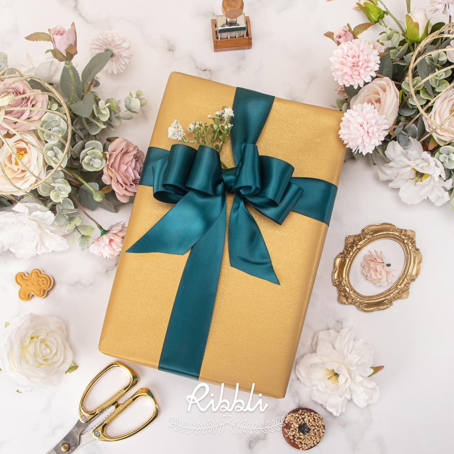 Ribbli Double Faced Rose Gold Satin Ribbon,3/8 x Continuous 25 Yards,Use for Bows Bouquet,Gift Wrapping,Floral Arrangement(Green Teal)