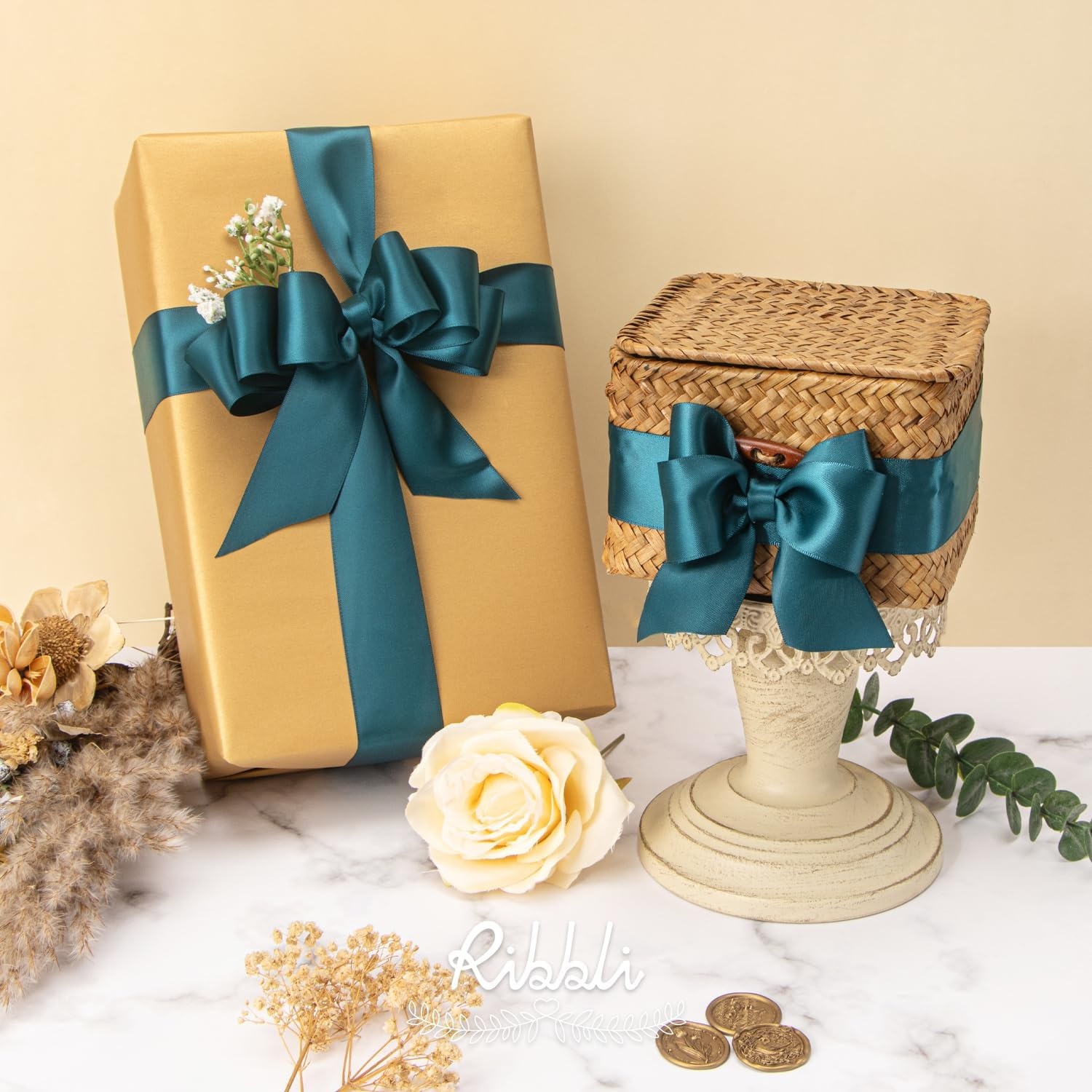 Ribbli Double Faced Rose Gold Satin Ribbon,3/8 x Continuous 25 Yards,Use for Bows Bouquet,Gift Wrapping,Floral Arrangement(Green Teal)