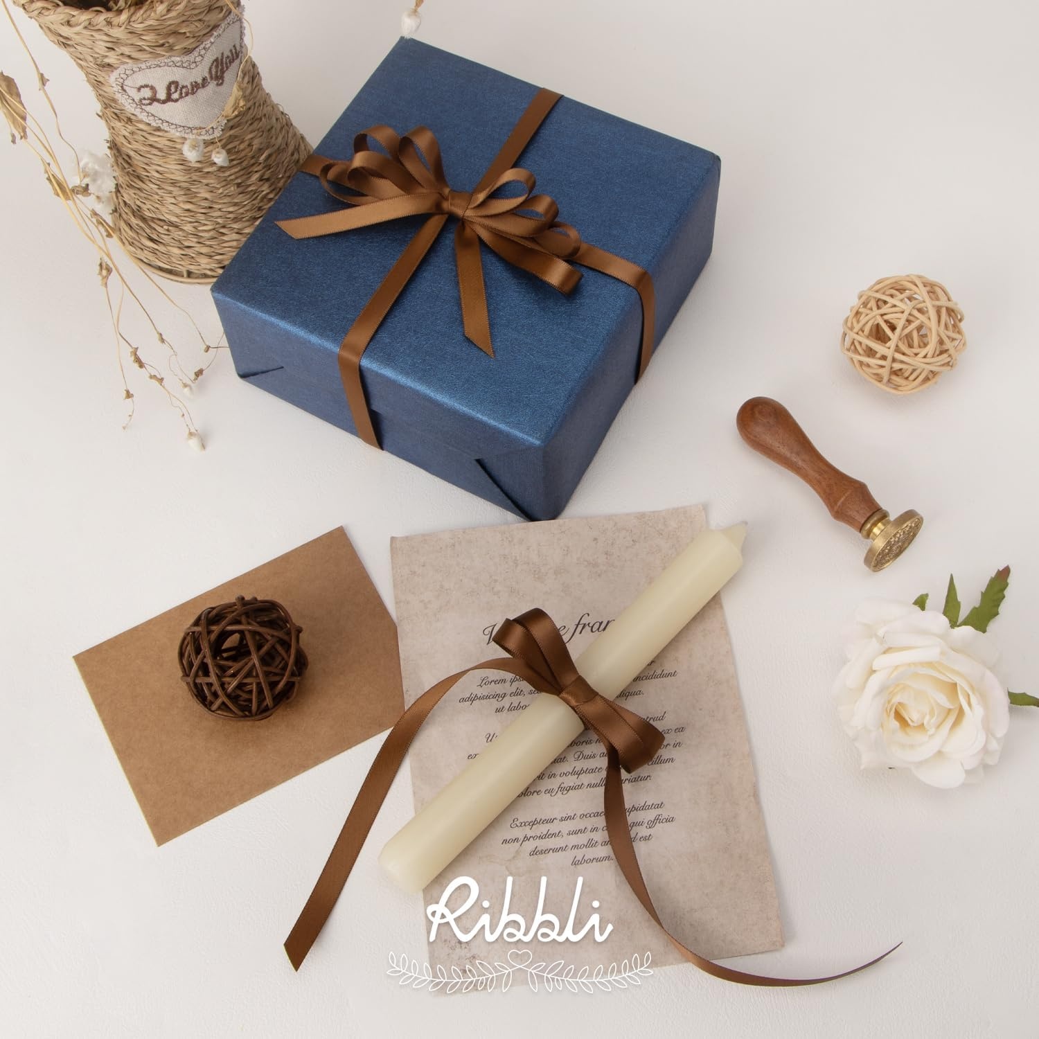 Ribbli Champagne Gold Satin Ribbon Double Faced Satin 3/8 Inch x Continuous 50 Yards-Champagne Ribbon for Gift Wrapping Crafts Wedding Decoration Bows Bouquet Floral Arrangement(Brown Turftan)