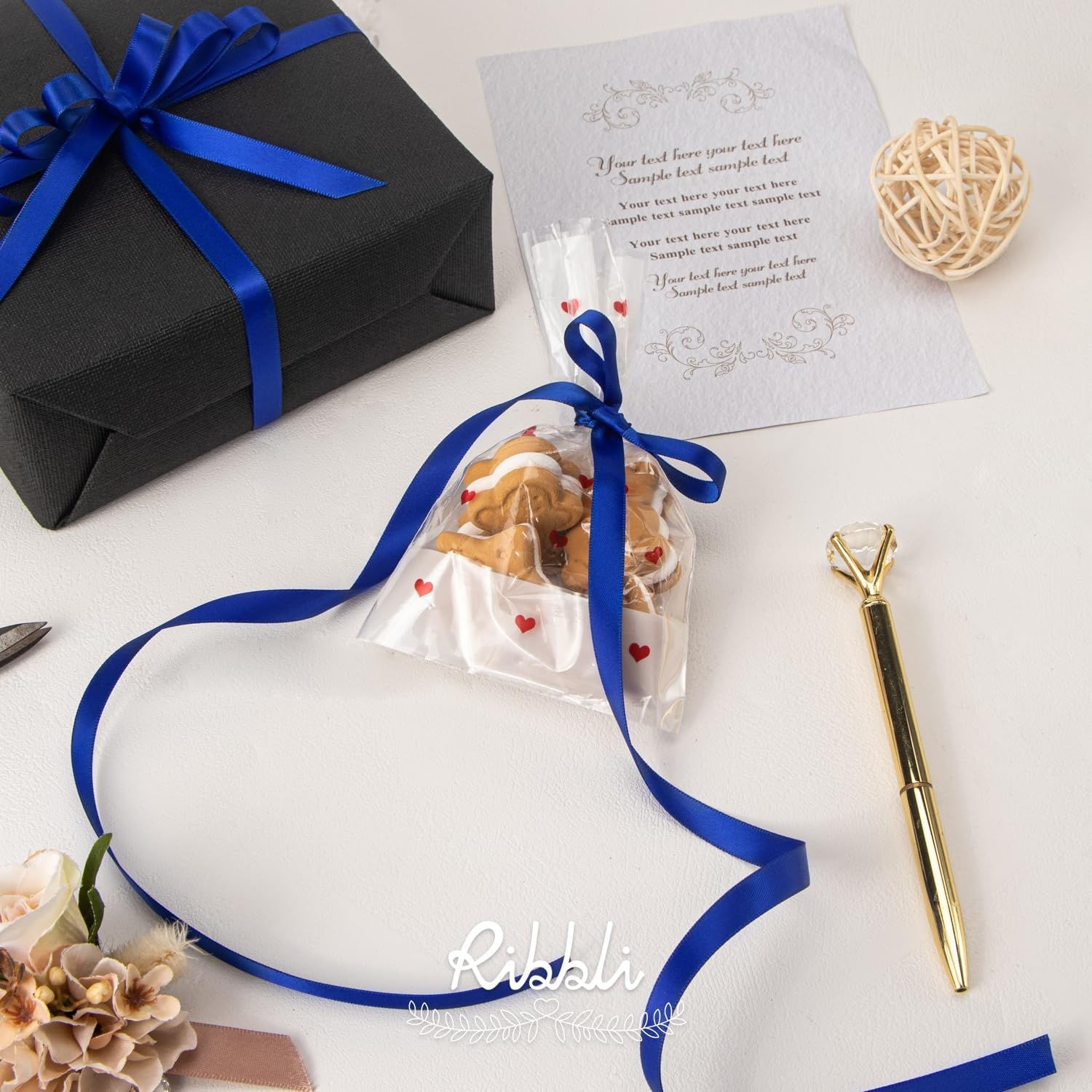 Ribbli Champagne Gold Satin Ribbon Double Faced Satin 3/8 Inch x Continuous 50 Yards-Champagne Ribbon for Gift Wrapping Crafts Wedding Decoration Bows Bouquet Floral Arrangement(Blue Cobalt)