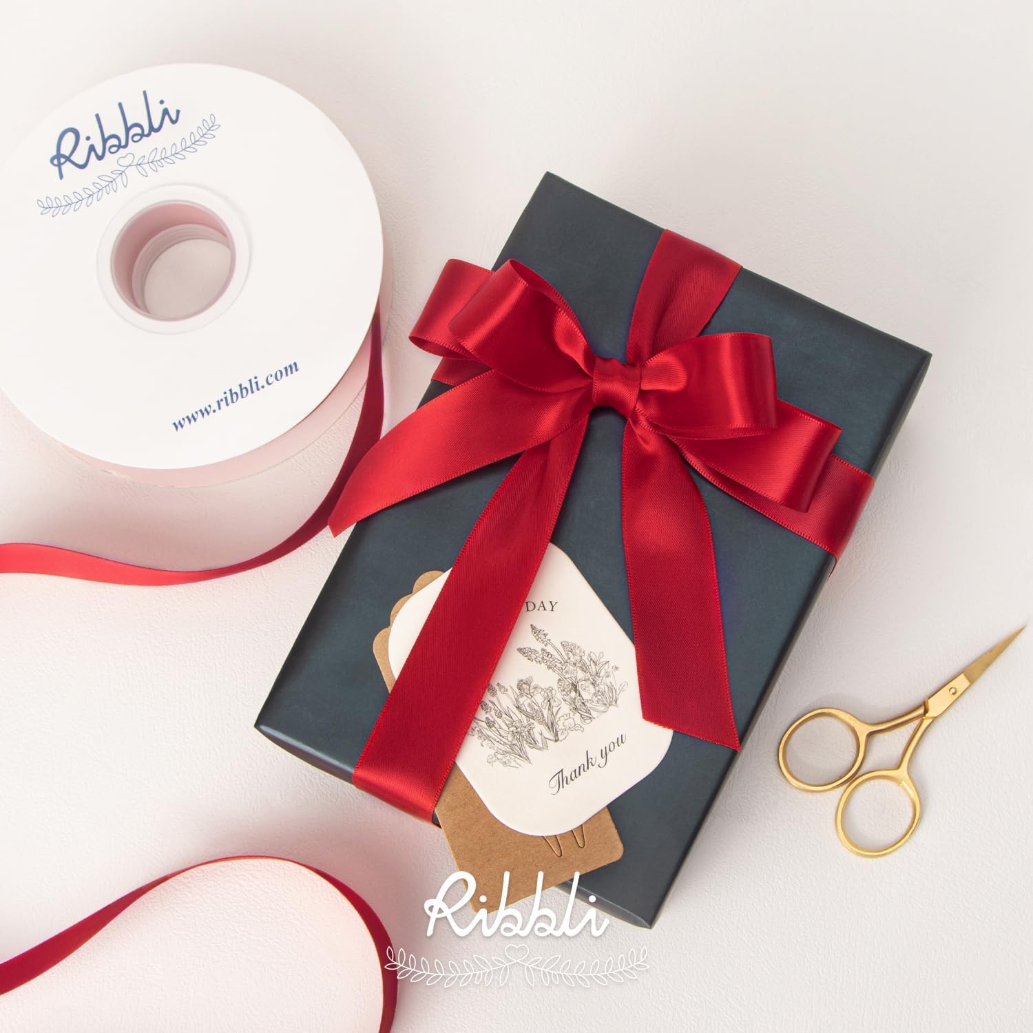 Ribbli Double Faced Rose Gold Satin Ribbon,3/8 x Continuous 25 Yards,Use for Bows Bouquet,Gift Wrapping,Floral Arrangement(Red)