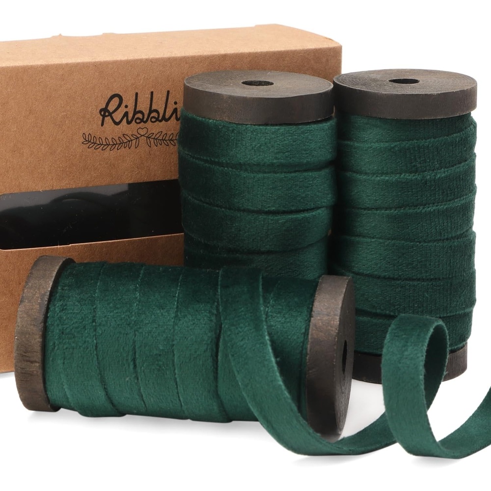 Ribbli Antique Gold Velvet Ribbon 3 Rolls Double Faced 3/8 Inch 18-Yard with Wooden Spool Use for Christmas Tree Ornaments Gift Wrapping Wreath Decoration Wedding Boutonnieres(Forest Green)