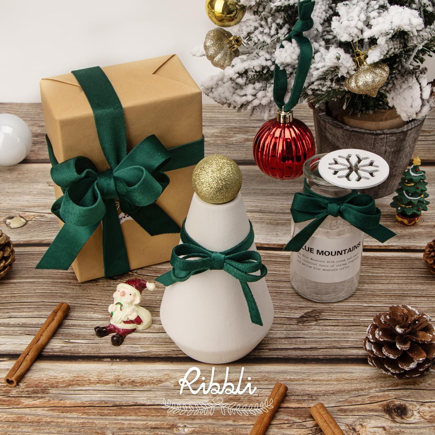 Ribbli Antique Gold Velvet Ribbon 3 Rolls Double Faced 3/8 Inch 18-Yard with Wooden Spool Use for Christmas Tree Ornaments Gift Wrapping Wreath Decoration Wedding Boutonnieres(Forest Green)