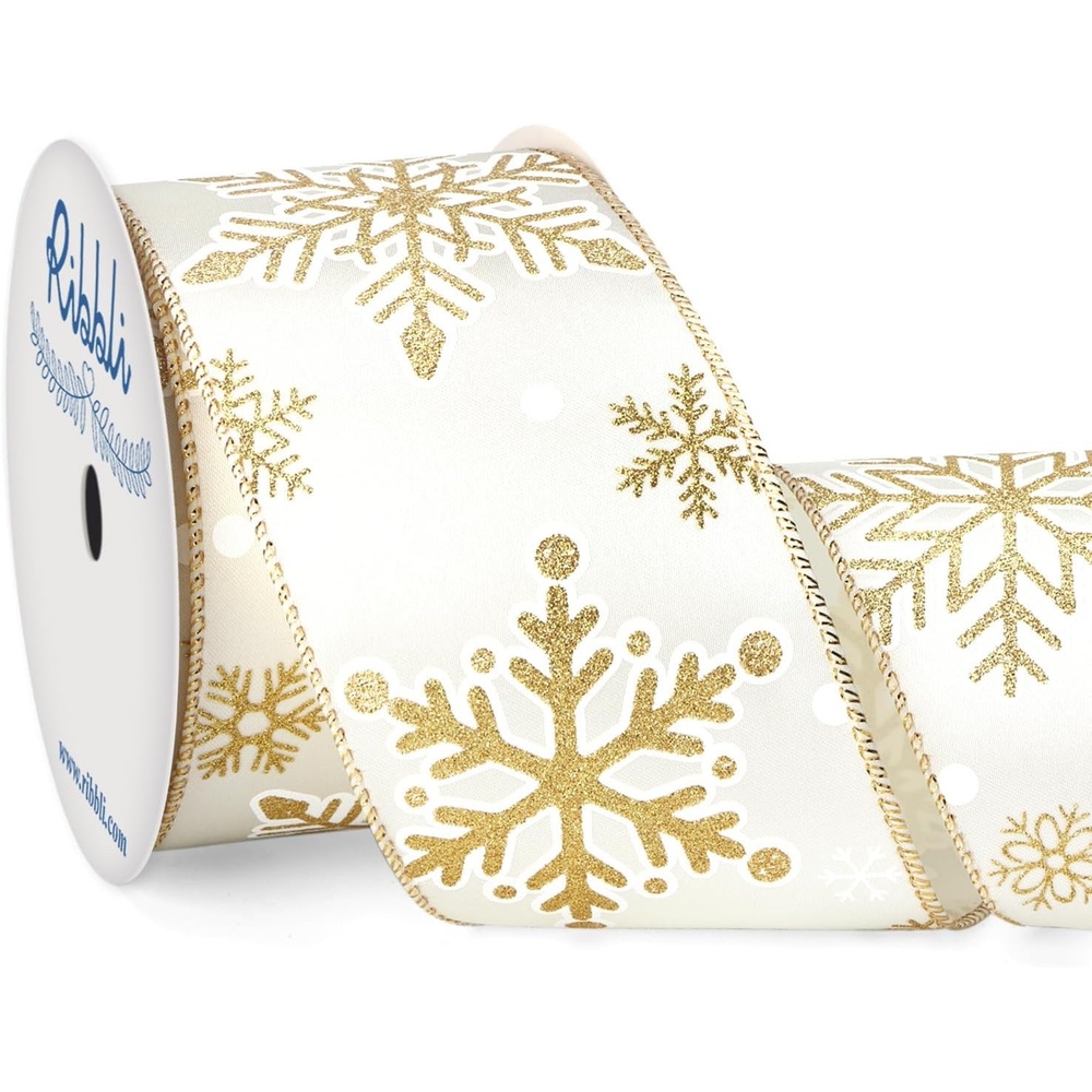 Ribbli Gold Snowflake Wired Ribbon,Ivory Satin with Big Glitter Snowflake Christmas Ribbon for Wreath ChritmasTree Decoration Gift Wrapping Home Decor, 2-1/2 Inch x 10 Yards(Gold)