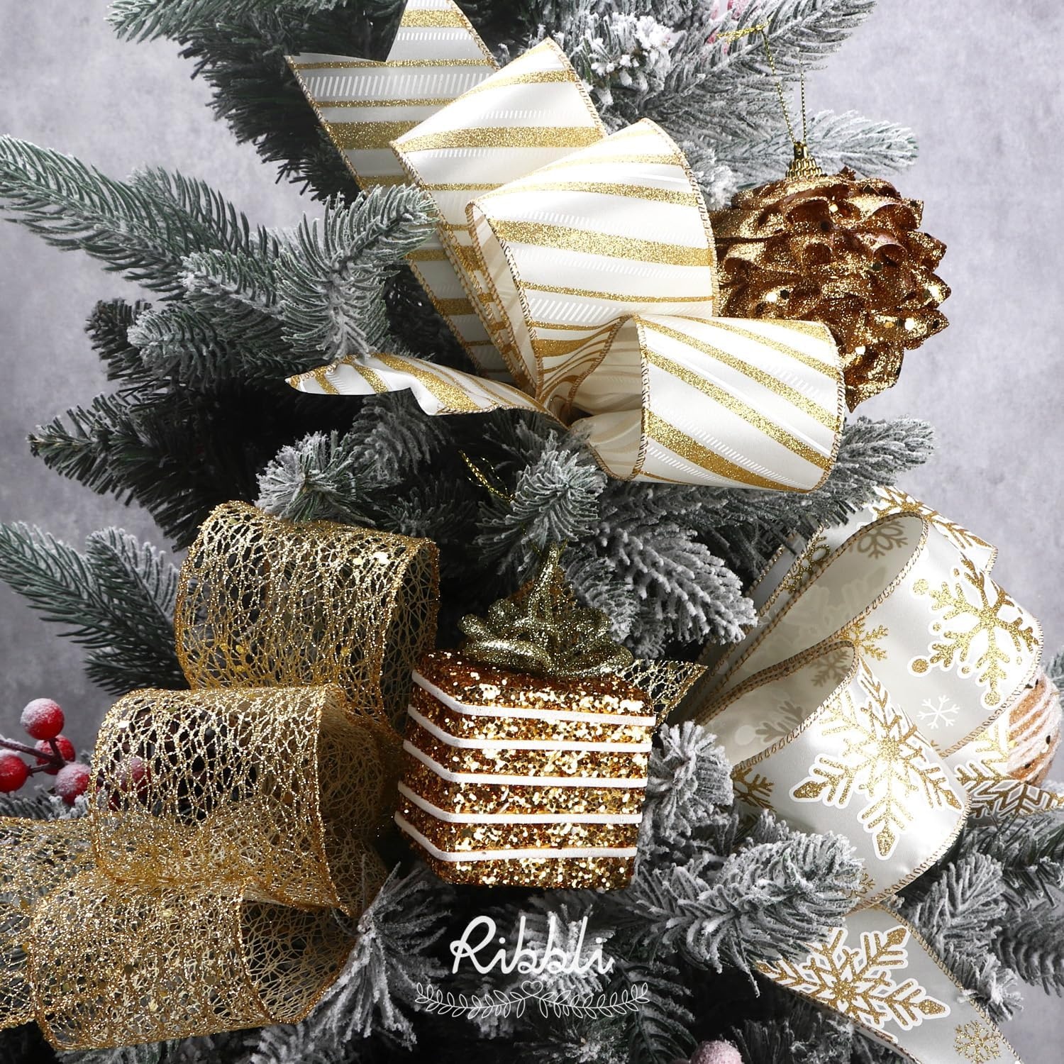 Ribbli Gold Snowflake Wired Ribbon,Ivory Satin with Big Glitter Snowflake Christmas Ribbon for Wreath ChritmasTree Decoration Gift Wrapping Home Decor, 2-1/2 Inch x 10 Yards(Gold)