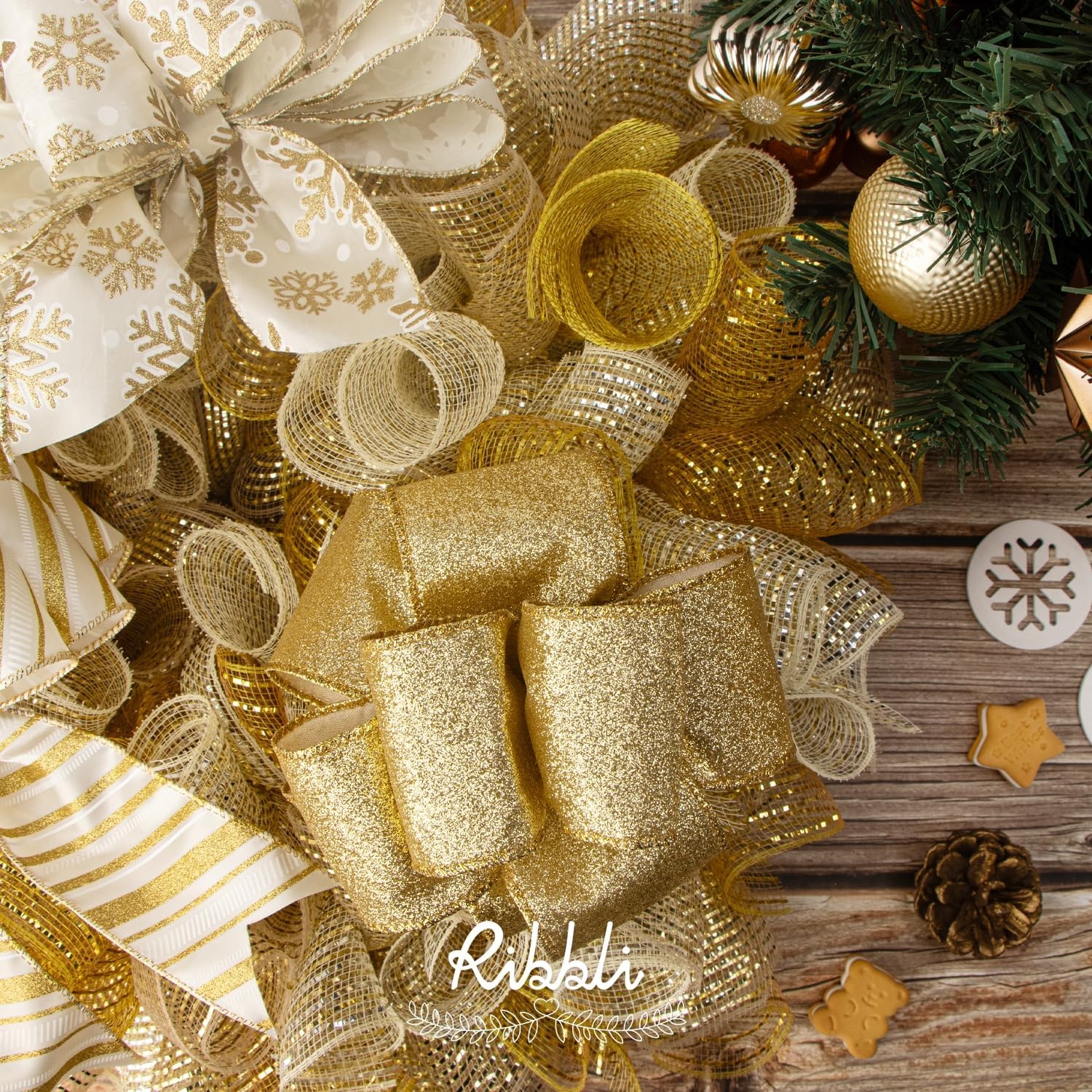 Ribbli Gold Snowflake Wired Ribbon,Ivory Satin with Big Glitter Snowflake Christmas Ribbon for Wreath ChritmasTree Decoration Gift Wrapping Home Decor, 2-1/2 Inch x 10 Yards(Gold)