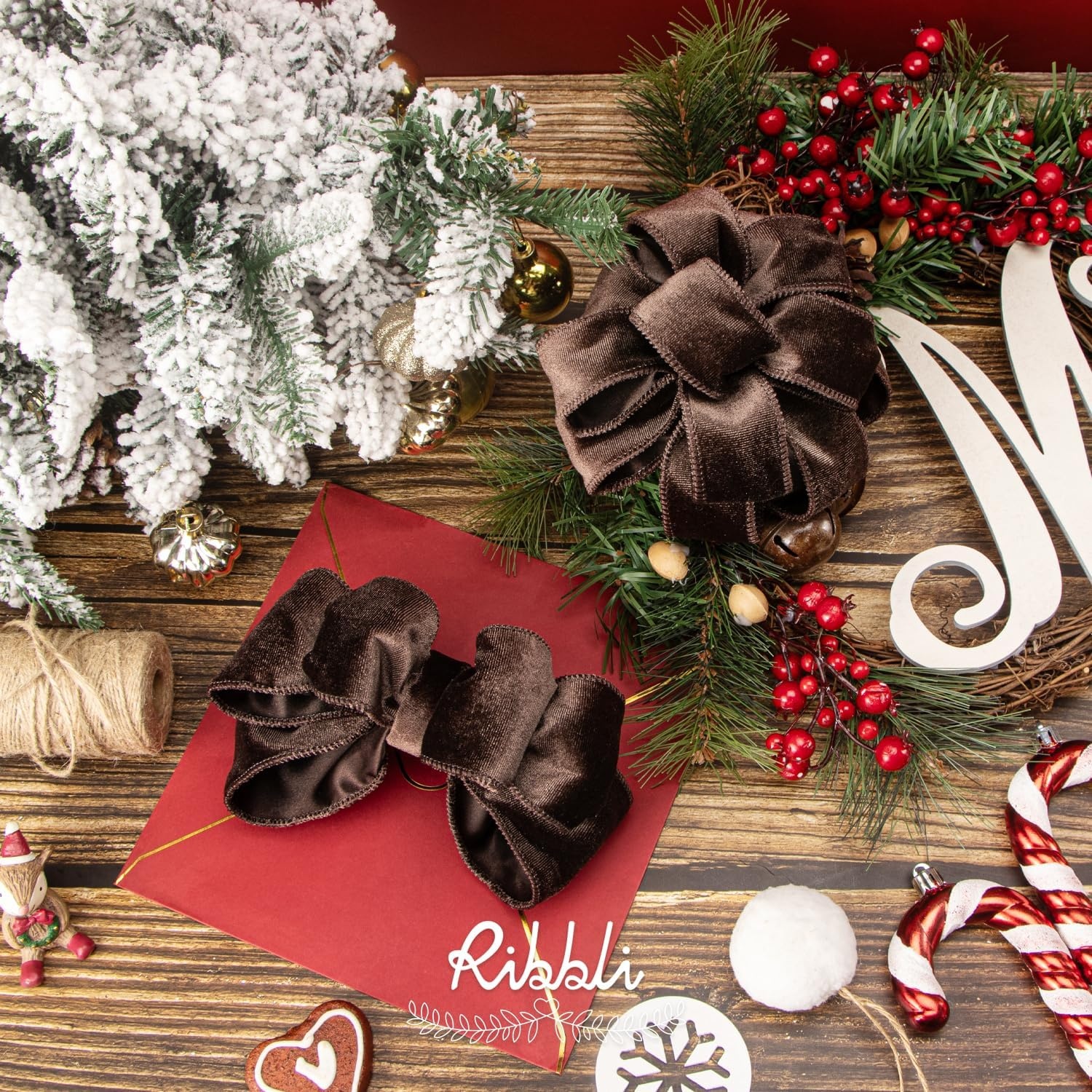 Ribbli Dusty Green Velvet Wired Ribbon 4 Inch Sage Velvet with Satin Christmas Ribbon for Gift Wrapping Christmas Tree Decoration Crafts Wreaths Supplies-Continuous 10 Yards(Dark Brown)