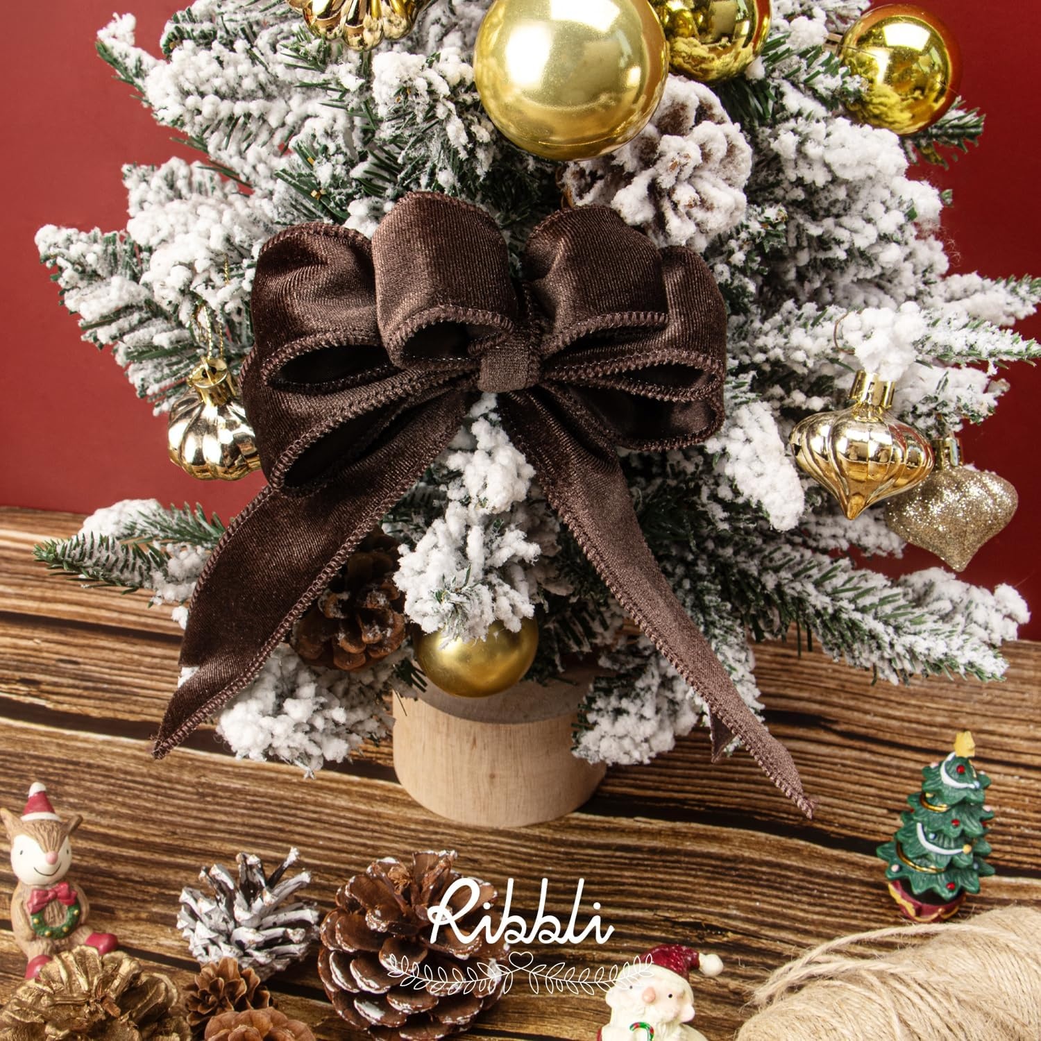 Ribbli Dusty Green Velvet Wired Ribbon 4 Inch Sage Velvet with Satin Christmas Ribbon for Gift Wrapping Christmas Tree Decoration Crafts Wreaths Supplies-Continuous 10 Yards(Dark Brown)