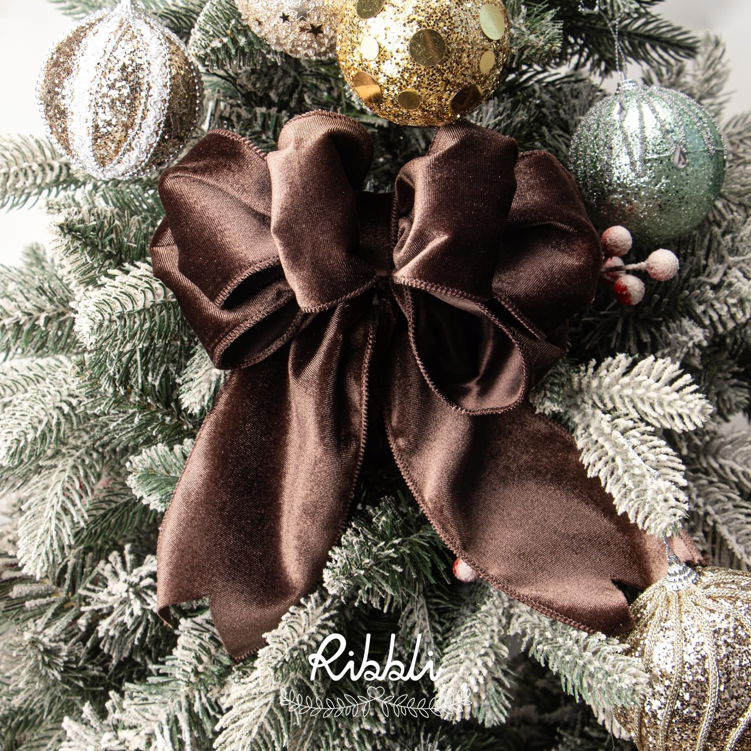 Ribbli Dusty Green Velvet Wired Ribbon 4 Inch Sage Velvet with Satin Christmas Ribbon for Gift Wrapping Christmas Tree Decoration Crafts Wreaths Supplies-Continuous 10 Yards(Dark Brown)