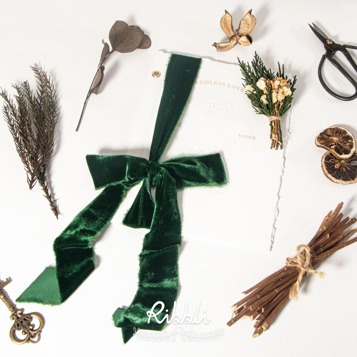 Ribbli Light Champagne Velvet Ribbon 1.5 Inch Handmade Frayed Christmas Ribbon for Gift Wrapping Christmas Tree Ornament Wreath Craft Home Decor -Total 3 Yards with Wooden Spool(Forest Green)