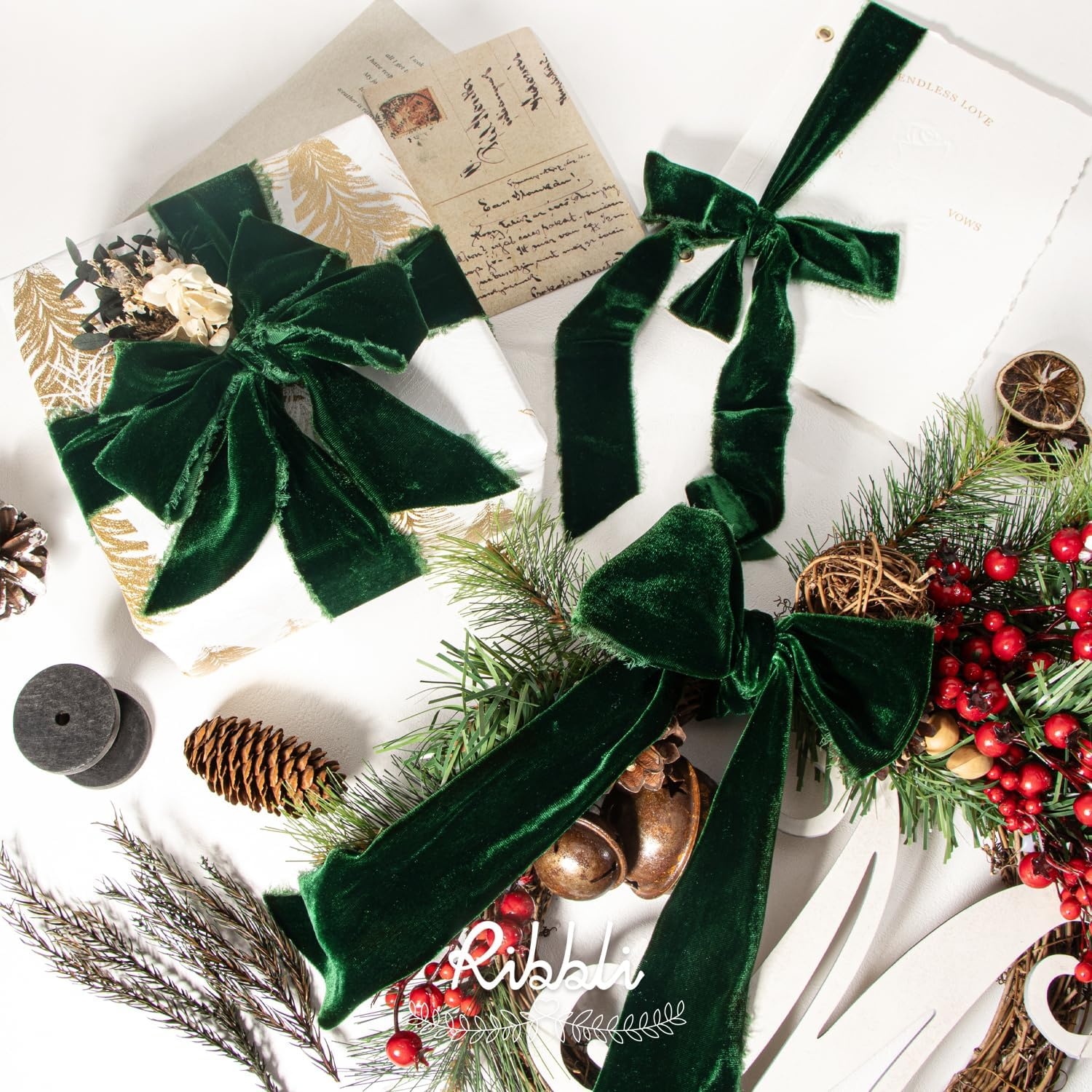 Ribbli Light Champagne Velvet Ribbon 1.5 Inch Handmade Frayed Christmas Ribbon for Gift Wrapping Christmas Tree Ornament Wreath Craft Home Decor -Total 3 Yards with Wooden Spool(Forest Green)