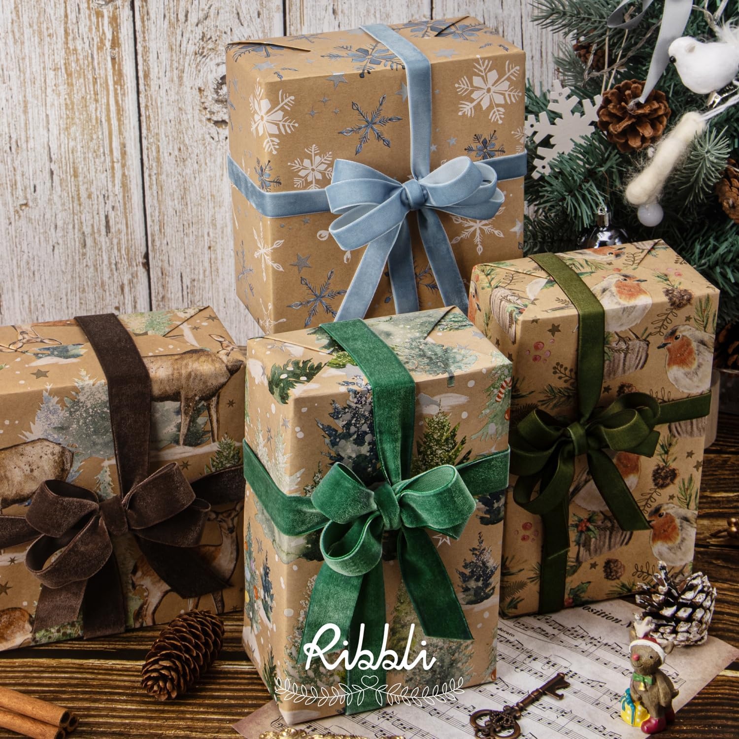 Ribbli Sage Green Velvet Ribbon 1/8 Inches Continuous 25 Yard Spool Sage Green Christmas Ribbon for Gift Wrapping Crafts Home Decor(Brown)