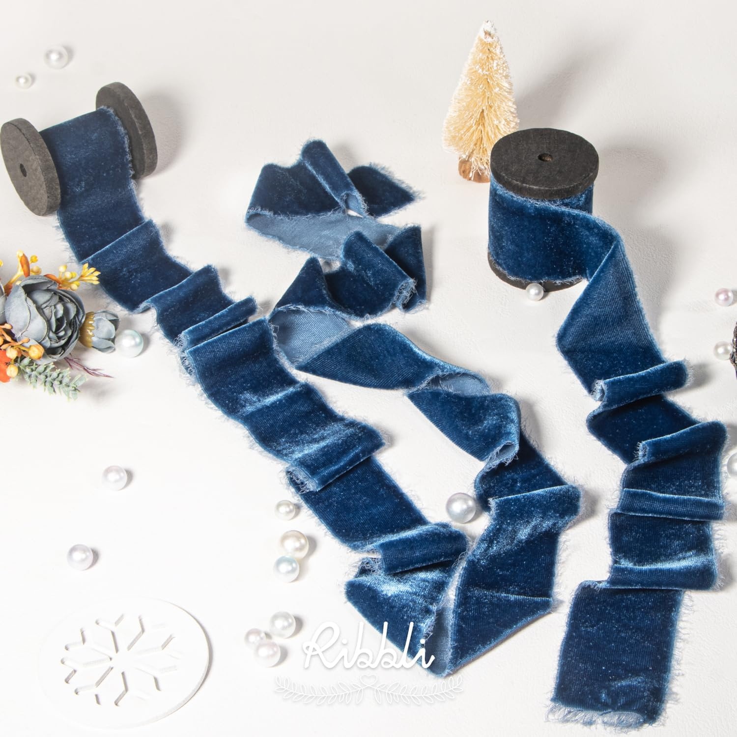 Ribbli Light Champagne Velvet Ribbon 1.5 Inch Handmade Frayed Christmas Ribbon for Gift Wrapping Christmas Tree Ornament Wreath Craft Home Decor -Total 3 Yards with Wooden Spool(Ocean Blue)