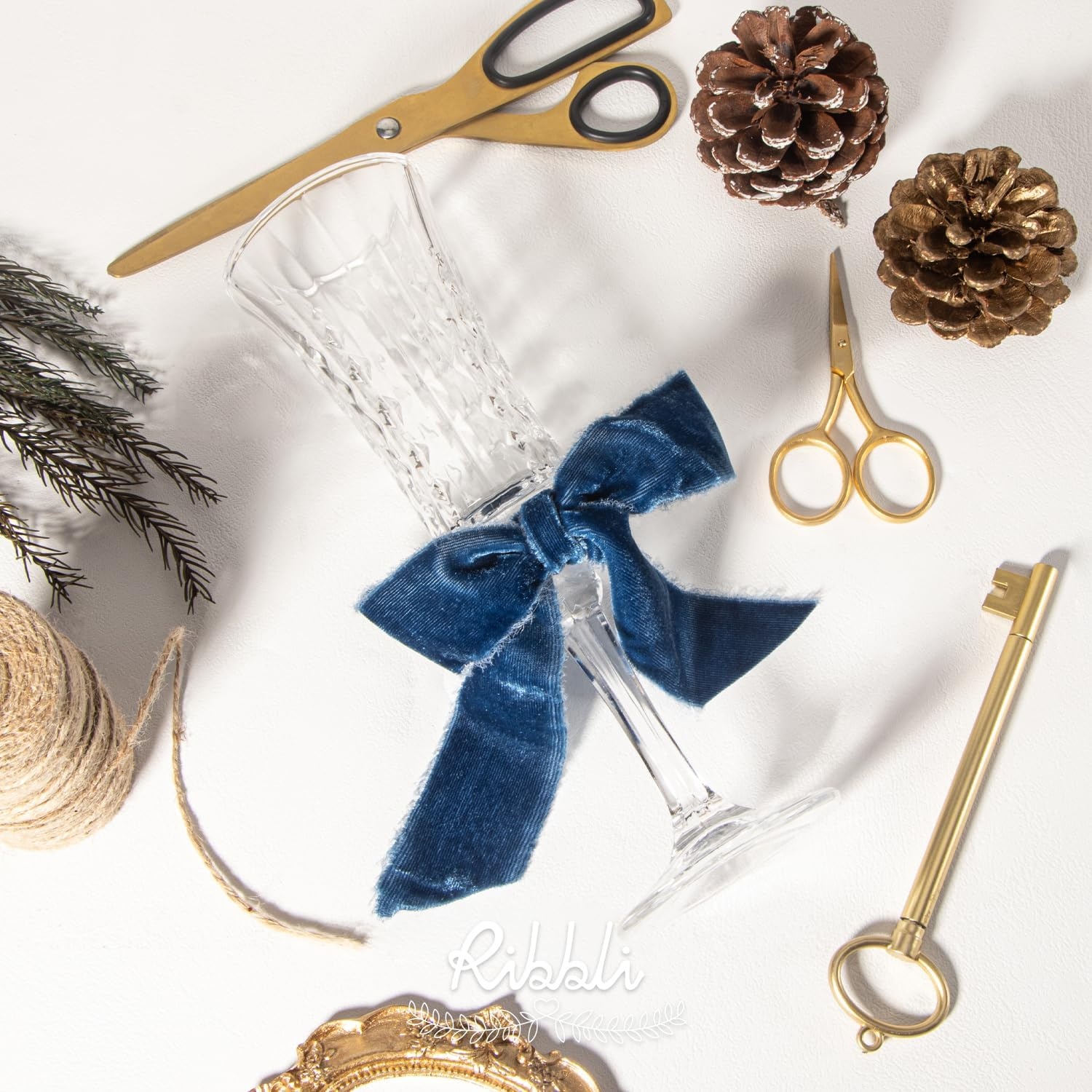 Ribbli Light Champagne Velvet Ribbon 1.5 Inch Handmade Frayed Christmas Ribbon for Gift Wrapping Christmas Tree Ornament Wreath Craft Home Decor -Total 3 Yards with Wooden Spool(Ocean Blue)