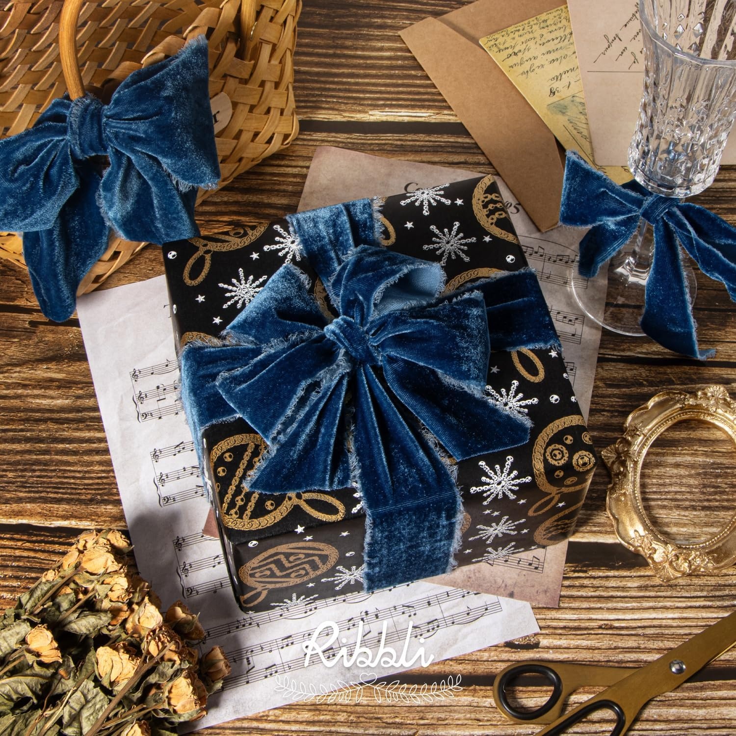 Ribbli Light Champagne Velvet Ribbon 1.5 Inch Handmade Frayed Christmas Ribbon for Gift Wrapping Christmas Tree Ornament Wreath Craft Home Decor -Total 3 Yards with Wooden Spool(Ocean Blue)